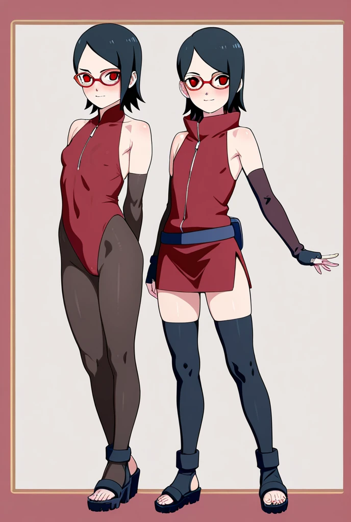 Sarada Uchiha, standing, back, tight black shorts, small ass, small breasts, short black hair, black eyes, forehead protector, bottom view, Sarada Uchiha looking at the viewer