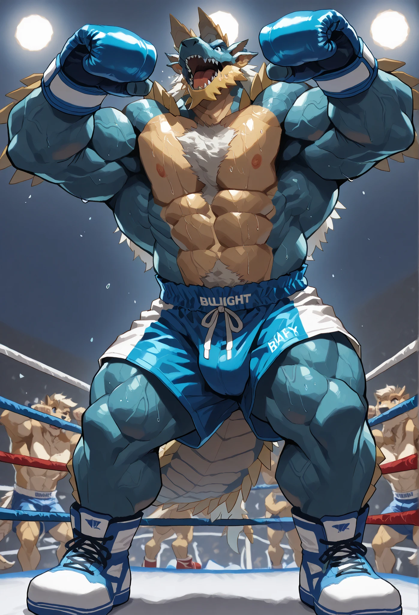 4K, masterpiece quality, pov_boxing, wildly Looking down on the losers, yellow boxing shoes, blue boxing gloves, blue boxing shorts with gold embrems, bulge, full body, depth of field, boxing, wildly posing with his chest out, fist pump pose with arms rising high, boxing ring background at midnight, Zinogre heavywait boxing champion, gay, furry male, pubes, white public hair, bulging heavy muscular, powerful muscles with protruding veins, wildly looking down on loser, bold expression, roaring triumphantly, bravely eyes, large pectorals, sweaty body, Angle of the loser looking up from directly below, steam, wearing blue boxing gloves,