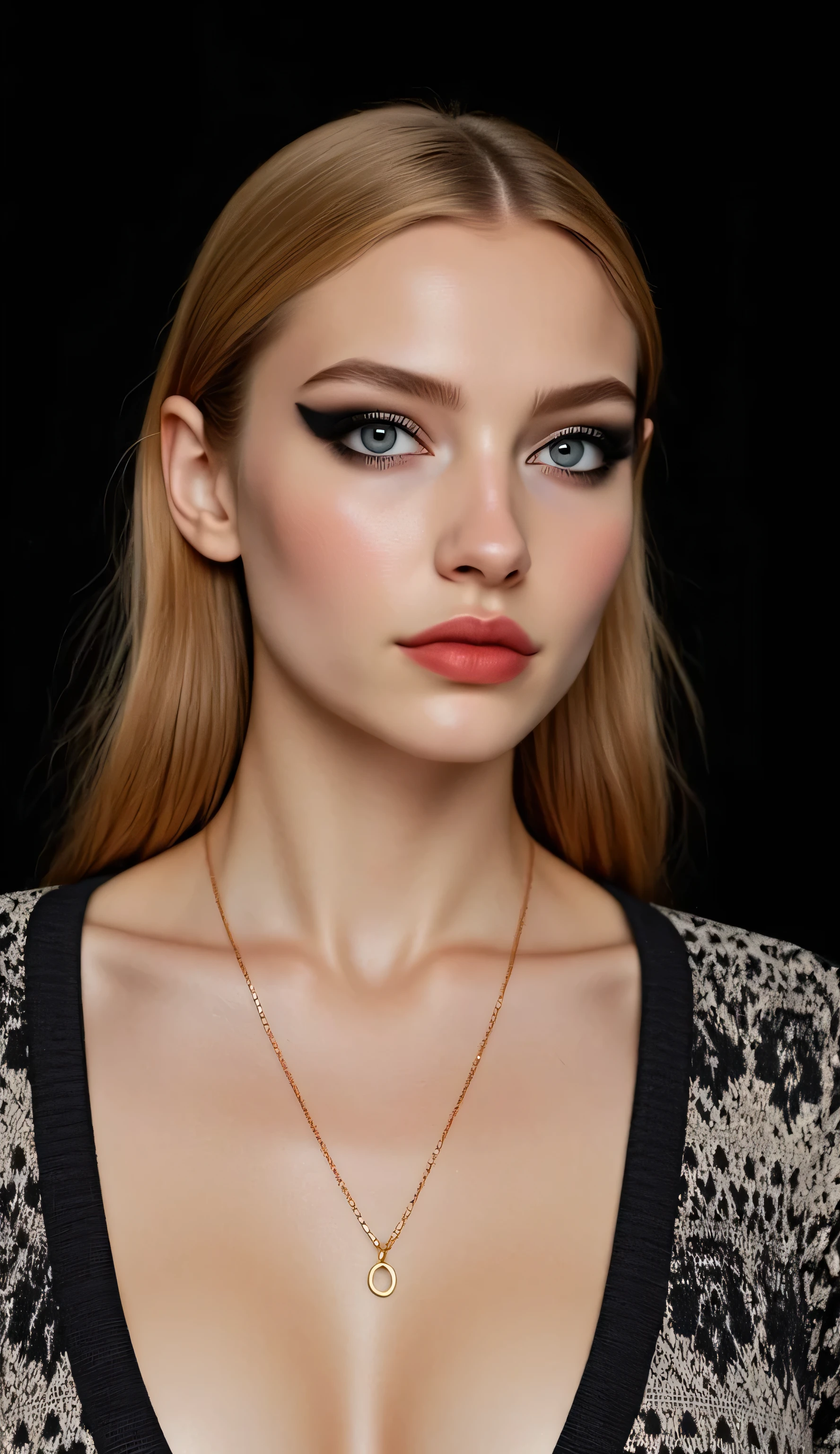 ((realism, photorealistic, life-like photograph)), beautiful French 18year supermodel, very long wavy straight blonde hair with light ginger highlights, blackout eyeshadow, red lips, blue eyes, blue black silk pattern sweater, ((((portrait, closeup face, she has a very dark suntan, her tan skin is flawless)))), delicate copper chain necklace, she's standing in a dynamic full-body modeling pose, slight side view, nothing in the background but a black screen at her modeling shoot