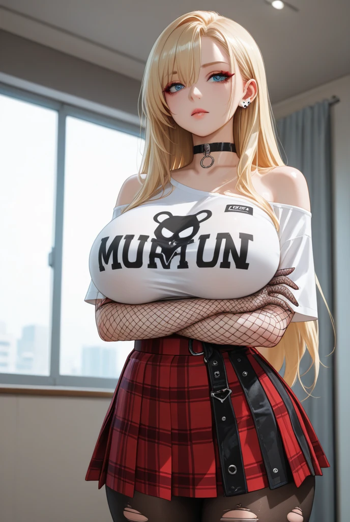 Masterpiece, Superb Style, Full Body, 1Girl, Bangs, Black Choker, Black Tie, Blonde Hair, Blue Skirt, Blush, Bracelet, Beautiful Breasts, Choker, Waist Dress, Collarbone, Collared Shirt, Denim Photos, Dress Shirt, Ear Piercings, Eyebrows Visible Through Hair, Gradient Hair, Grin, Gyaru, Jewelry, Kogal, Long Hair, Looking at the Audience, Loose Tie, Tie, Piercing, Plaid Skirt, Plaid Skirt, Pleated Skirt, Red Eyes, Ring, School Uniform, Shirt, Skirt, Smile, solo, white shirt, street, sky, cherry blossoms, petals, illustration, (magazine: 1.3), (cover style: 1.3), fashion, woman, vibrant, attire, pose, front, colorful, dynamic, background, element, confident, expressive, hold, statement, attachment, majestic, coiled, around, touch, scene, text, cover, bold, eye-catching, title, fashion, font, catchy, title, bigger, eye-catching, modern, stylish, focused, stylish, black stockings