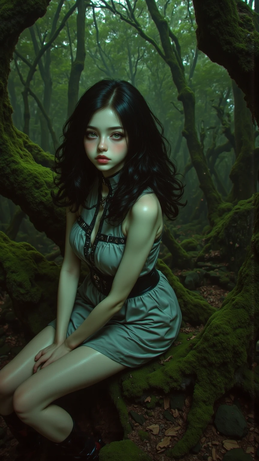 Ugly Girl in White Dress with Red Polka Dots, with warts on his face and disheveled hair, sits on a swamp hummock, the photo is very realistic, high quality