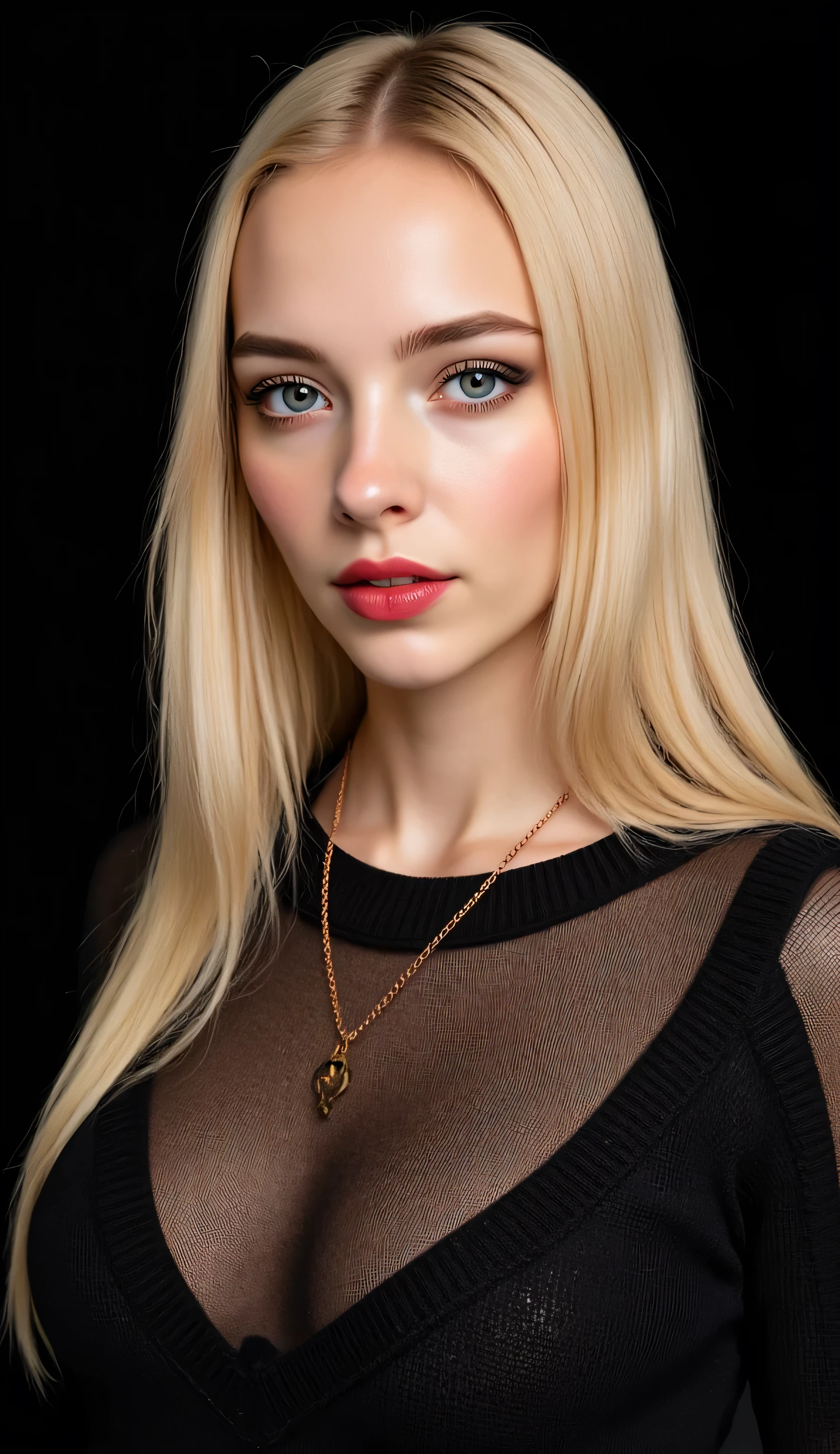 ((realism, photorealistic, life-like photograph)), beautiful French 18year supermodel, very long wavy straight blonde hair with light ginger highlights, blackout eyeshadow, red lips, blue eyes, blue black silk pattern sweater, ((((portrait, closeup face, she has a very dark suntan, her tan skin is flawless)))), delicate copper chain necklace, she's standing in a dynamic full-body modeling pose, slight side view, nothing in the background but a black screen at her modeling shoot