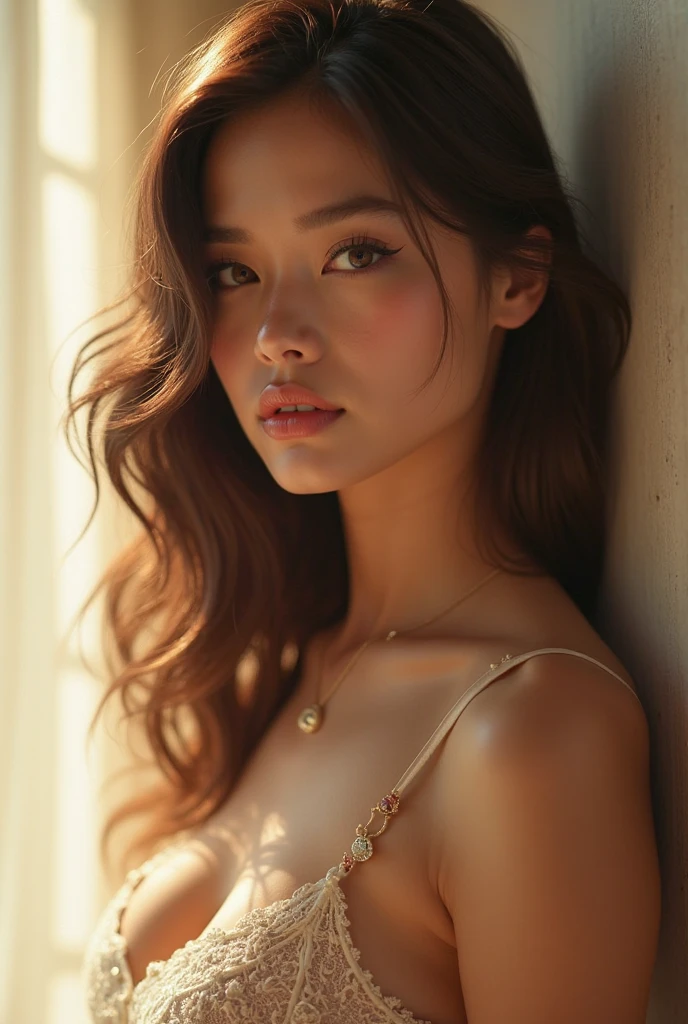 Absurd, ultra-detailed, high quality, masterpiece, detailed face, beautiful eyes(detailed eyes), Greek mythology, Goddess, Hera , the queen of the gods, striking and captivating, features are classically beautiful, with high cheekbones, a perfectly proportioned face, eyes depicted as large and captivating, hold an intense gaze, dark brown hair , hair is luxuriant and flowing, cascading down her back in waves , (small breasts:1.2), wearing elegant robes adorned with intricate patterns , Her beauty is not merely superficial but embodies the essence of power, authority, and regality.
