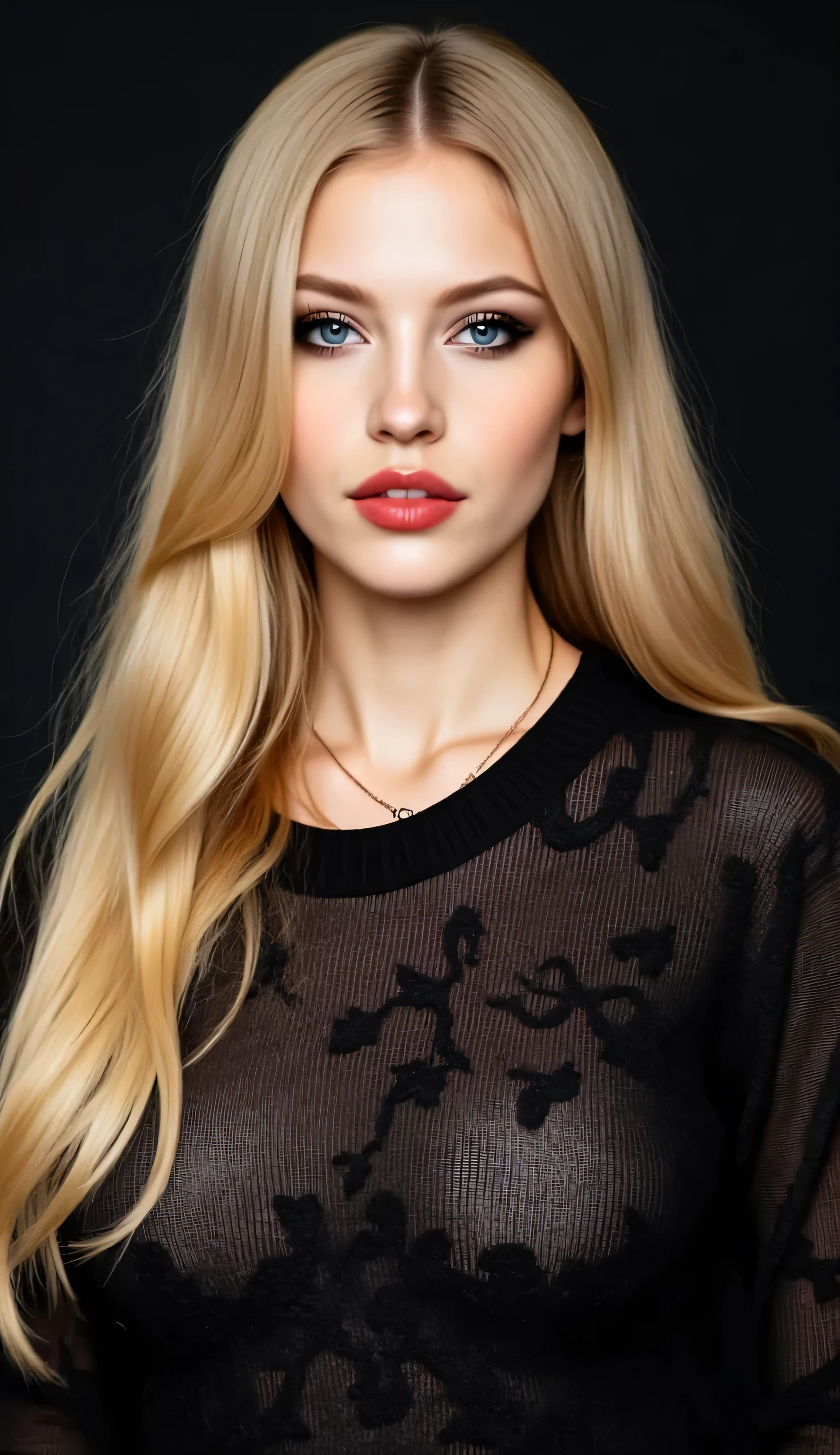 ((realism, photorealistic, life-like photograph)), beautiful French 18year supermodel, very long wavy straight blonde hair with light ginger highlights, blackout eyeshadow, red lips, blue eyes, blue black silk pattern sweater, ((((portrait, closeup face, she has a very dark suntan, her tan skin is flawless)))), delicate copper chain necklace, she's standing in a dynamic full-body modeling pose, slight side view, nothing in the background but a black screen at her modeling shoot
