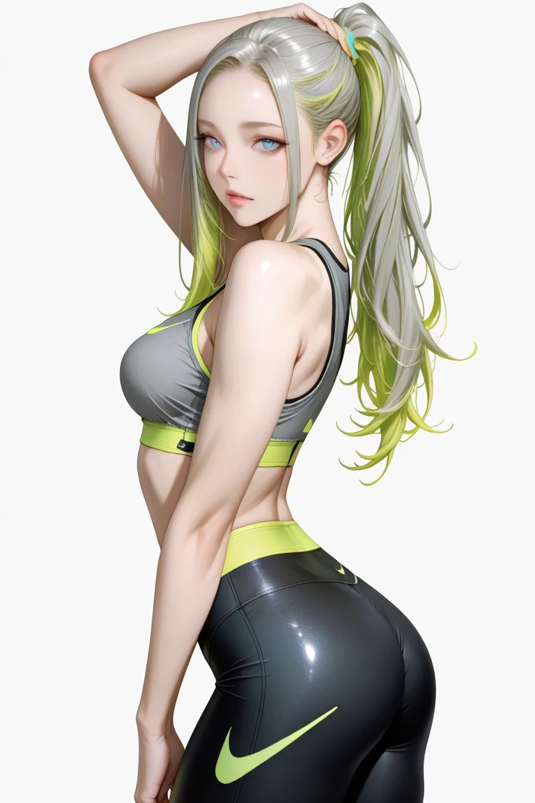 A fit young woman in her 20s. wearing a white sports bra and green yoga pants. She has long, wavy green hair flowing down. 
}no background. on the stage. 카메라를 바라본다
huge boobs,she is walking .
