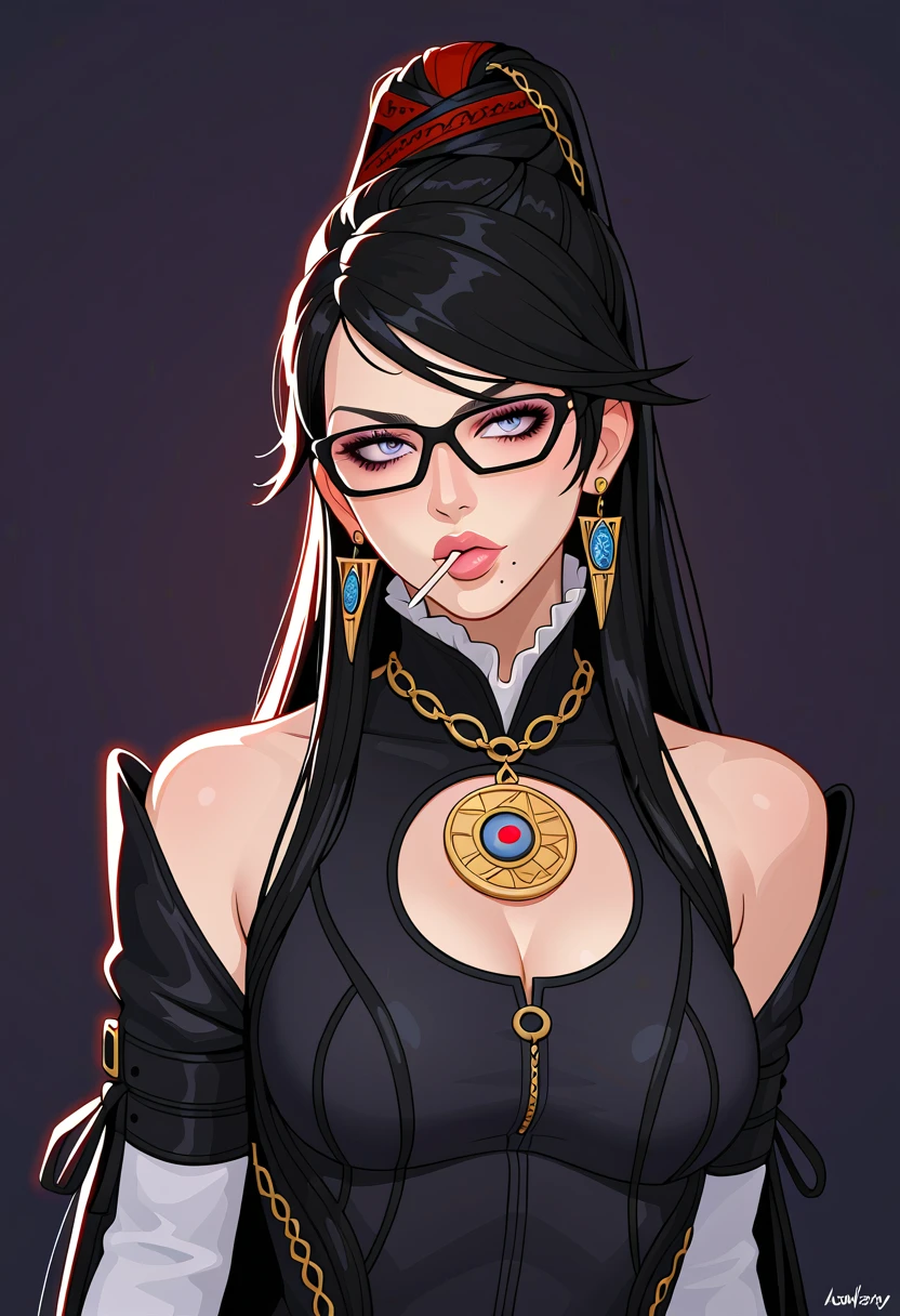 female, glasses, black long hair, green eyes, gigantic breasts, face close up, empress, black background, jewelery, sexy, goddess, face shot, bayonetta, black clothes royalty