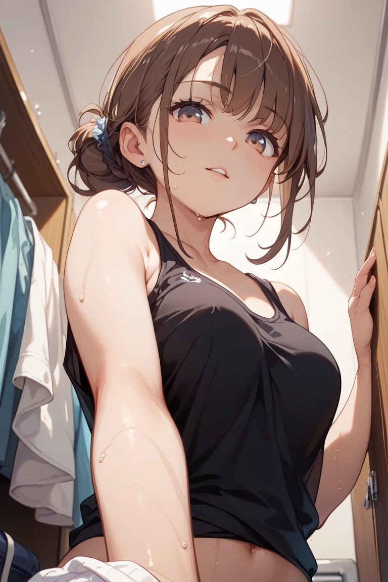 (Masterpiece、high quality、high resolution)1 Girl、Brown Hair、Tank top、Shorts、Cleavage、marathon、Sweat