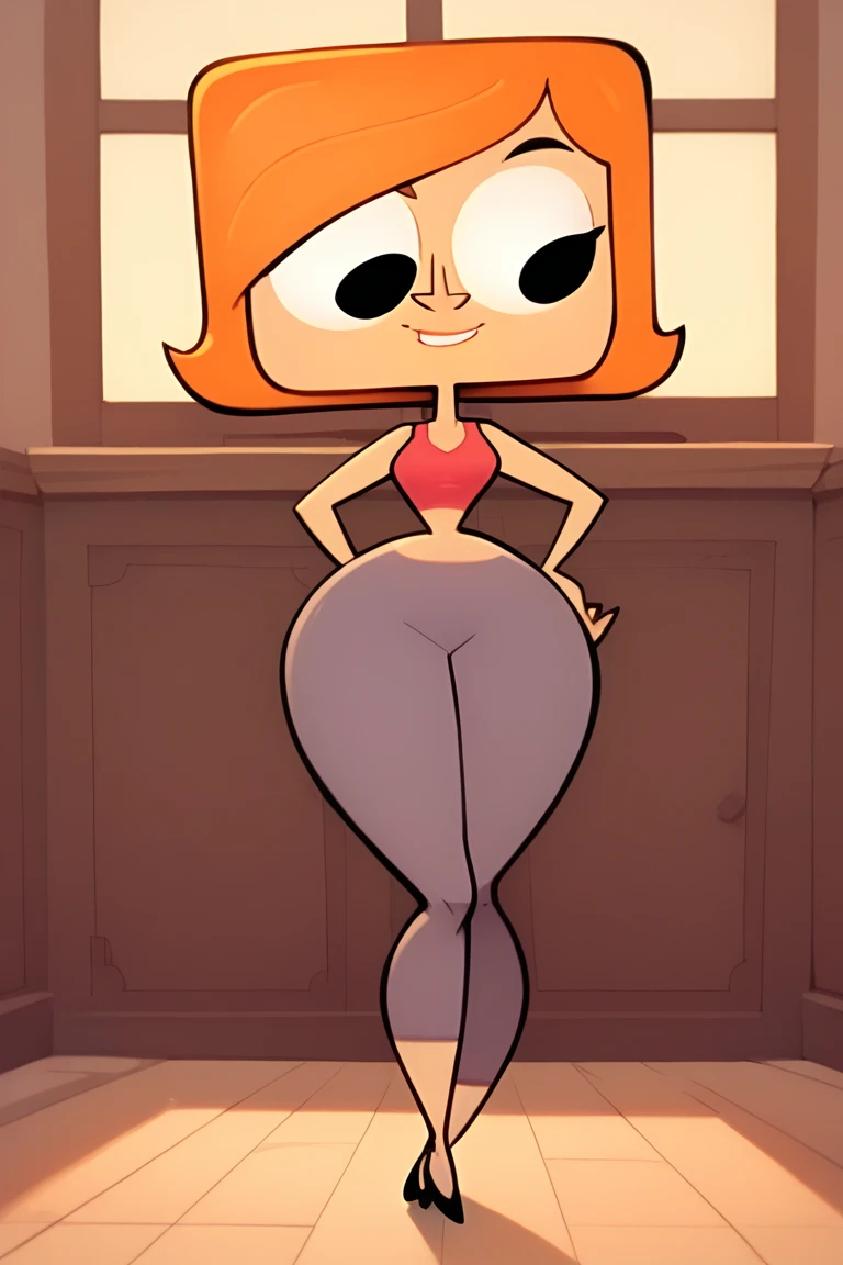 Candace, red sleeveless shirt, skirtless, standing, hands on butt cheeks, heart, legs, white shoes, red socks, sunglasses, rear view, big butt, eyes half closed, head turned to viewer, looking at viewer, 2D cartoon, nude ass, anal hole, naked from the waist down