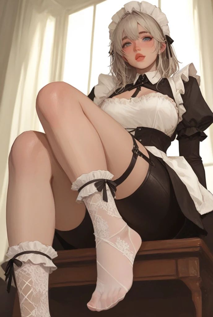 Black maid skirt with white ruffles、white maid apron、White Maid Hair Ornament、white  panties、White mustard