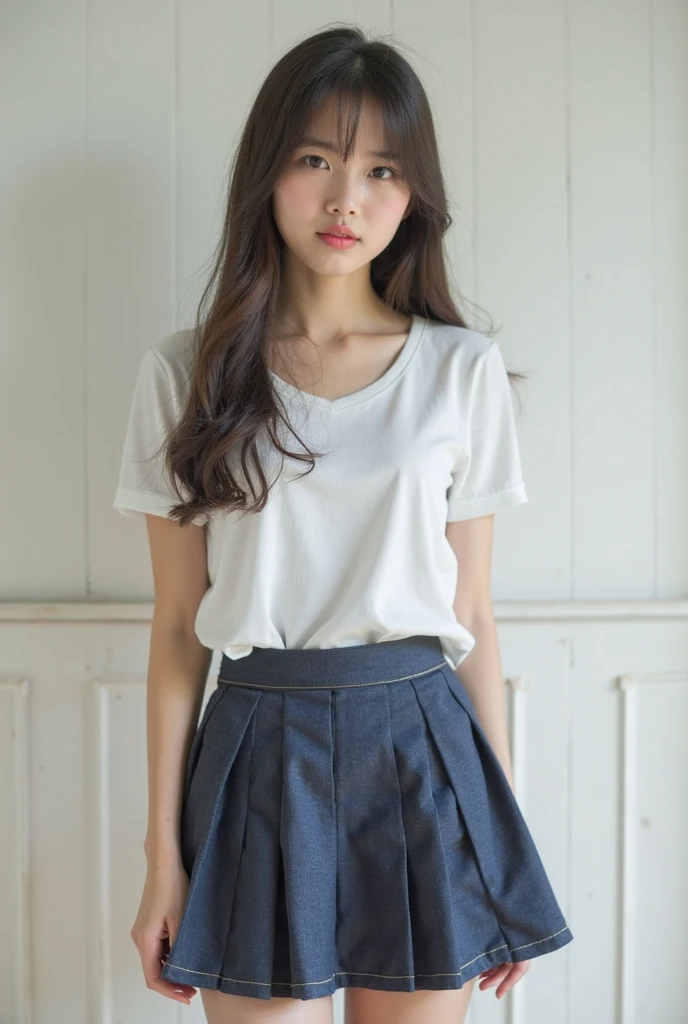 ((Viewing angle from below、Highest quality、masterpiece、32k、Every detail))、Descend the outdoor stairs、commute、Systemic symptoms、Traditional navy blue sailor uniform、White blouse、Pleated skirt、(((A strong wind blows my hair and skirt away:1.62)))、(( I always wear the strap of my bag across my body.....:1.22))、One Girl, alone、(((mini skirt, No underwear:1.22)))、Big Breasts、barefoot, High heels