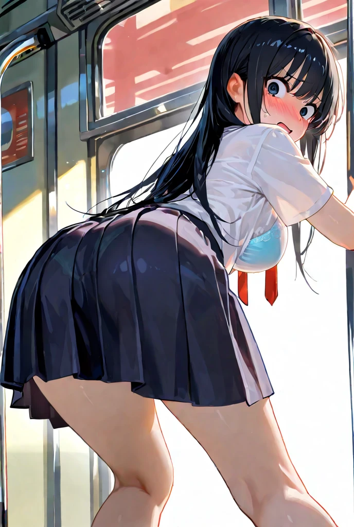 (Tabletop, highest quality:1.2)、Realistically、cute、cute、Digital Art、An innocent 18-year-old girl、(Girl on a crowded train)、(Standing in front of the door)、(Girl looking backwards out the door)、(Place your hand on the window pane)、Huge 、plump、serafuku、Sailor suit、Sailor suit、Navy blue pleated mini skirt、White panties、(White socks, loafers and a school bag on the floor、Voluminous straight long hair、Shiny Hair、(back)、(View from behind)、Full Body Lesbian、(From below:1.4)、Ass Focus、(Panty shot)、avert your eyes、curiosity々smile at, (((Shiny skin))), (((Butt crack)))