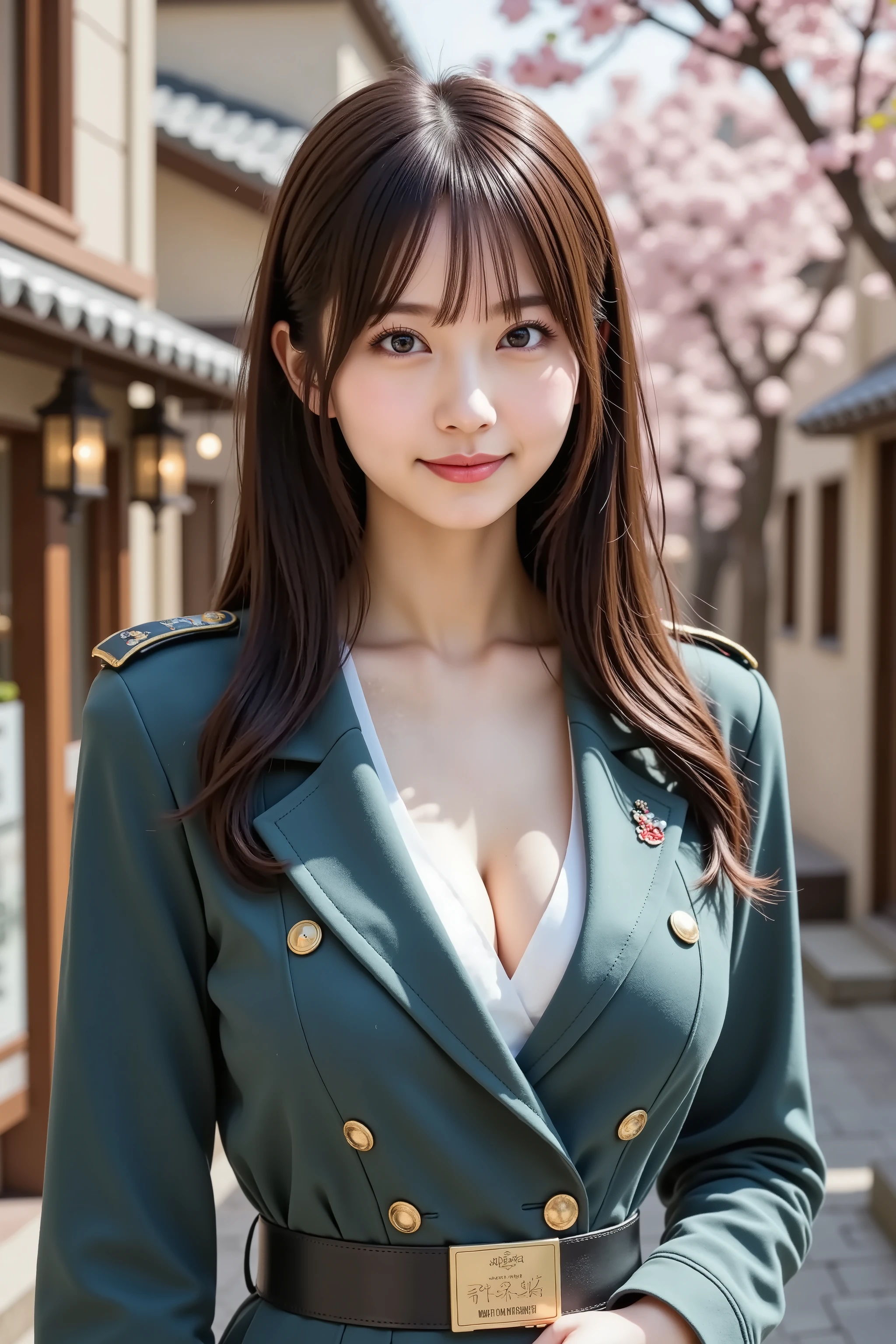 firm and big breasts, cleavage, smile, medium-framed portrait shot from head to mid-thigh of a realistic adult slender woman with her full head and shoulders fully in frame, standing on a sunlit historic Japanese street lined with wooden shopfronts and ornate tiled eaves, delicate pink cherry blossom branches arching overhead and petals drifting on a gentle breeze, the cobblestone pavement reflecting warm daylight and softly blurred pedestrians and a vintage lantern shop sign in the midground, wearing a tailored teal military-style coat fully visible within frame, the coat featuring gold-trimmed lapels, polished brass buttons, embroidered epaulettes, and a decorative officer’s insignia on the sleeve, over a crisp white button-front blouse with a high mandarin collar and a red embroidered emblem at the chest, the blouse’s snug fit compresses her firm full breasts into a pronounced wide deep cleavage boldly framed by the coat’s open front panels and supported by slight forward posture, a glossy black leather belt with a square gold buckle cinches her narrow waist above a matching teal pencil skirt ending above mid-thigh, tiny brass tassel brooches pinned at the lapel catching highlights, she holds a finely crafted wooden cigar with a subtle wisp of smoke curling upward in her right hand at shoulder height, her left hand resting lightly on her hip, she smiles warmly revealing natural dimples and bright eyes, realistic natural skin tones with visible microtexture and a soft dewy sheen on her collarbones and décolletage, hair styled in loose natural waves cascading over her shoulders with individual strands catching rim light, minimal natural makeup with matte base, soft peach blush on cheeks and eyelids, neutral pink lip tint, individually defined eyelashes and neatly groomed brows, small gold hoop earrings reflecting ambient light, camera at eye level using an 85mm lens at f/2.0 aperture for shallow depth of field rendering the cherry blossom branches and shopfronts in