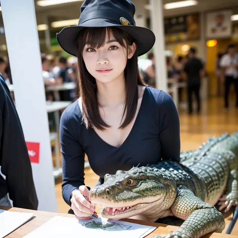 Alligator in pink dress and hat