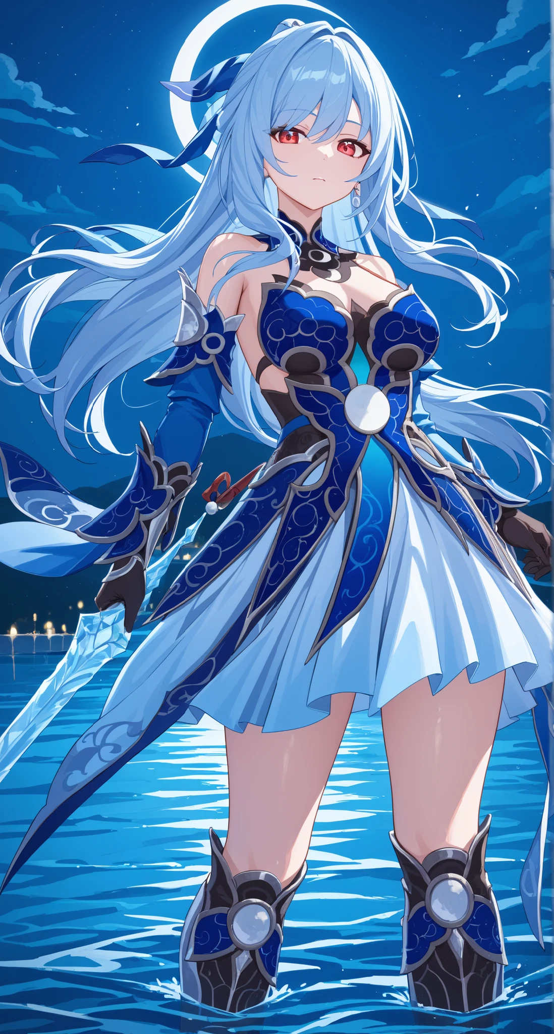 The beautiful female mage summons a water vortex to cast powerful water and moon magic