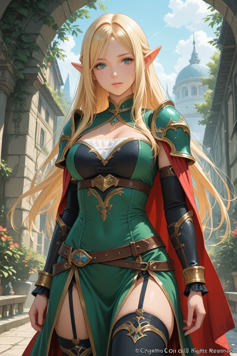 (((masterpiece; best quality: 1.2))), (finely detailed eyes: 1.3), (25 year old elf woman), (solo), (green eyes: 1.4), (body; buxom, fit, femenine: 1.3), (silky blonde hair in low ponytail: 1.3), (beautiful and clear background: 1.2), ((depth of field)), (equipment: adventurer attire + modest + long black tunic + black cape + black pants + gloves + belt + pouches: 1.3), (anime illustration: 1.2), (background composition; royal garden: 1.1), (extremely fine and beautiful: 1.1), (shot composition; standing + centered on torso + close-up: 1.5), (expression; calm, smile: 1.2)