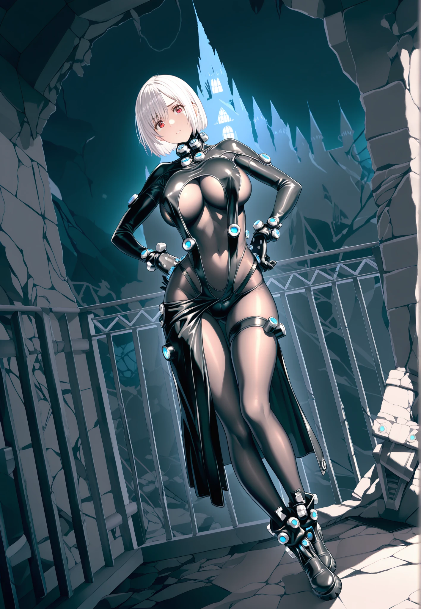by xenotrip, monochrome, greyscale, blood, fantasy, medieval, chromatic aberration, indoors, detailed background, night, 1girl, beautiful, solo, smiling, bare shoulders, sexy pose, kneeling, arched back, (full body:1.5), 