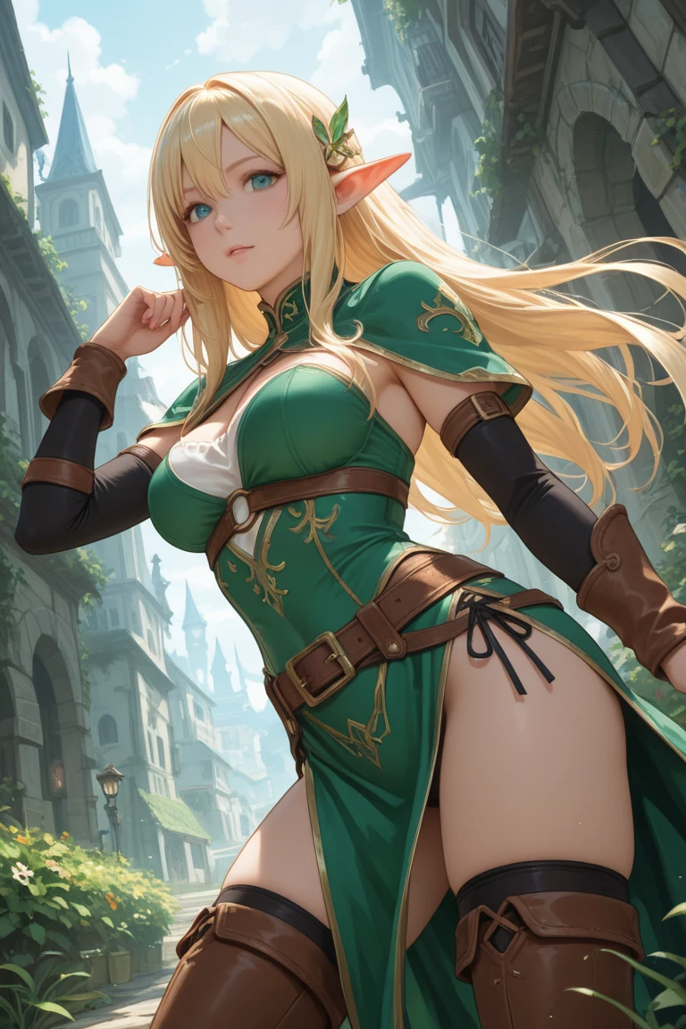 Elf Girl，blond，Ranger，Bow and Arrow，Green Cape，high resolution，Perfect face，whole body，detailed，best quality，masterpiece