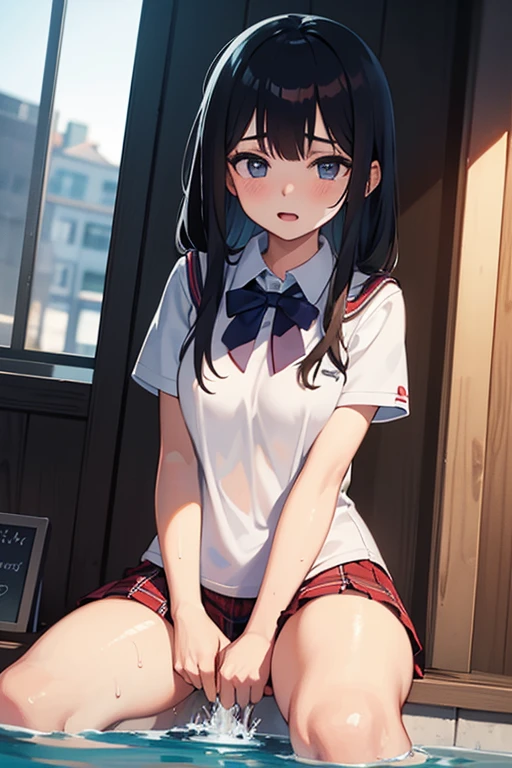 1girl in、a smile、The shirt、skirt by the、Light in the eyes、(small tits)Chilarism、Japan High School Student Uniform、serafuku、summer clothing、Squall-soaked uniform、Sheer bra、(Portrait from the knee up)、