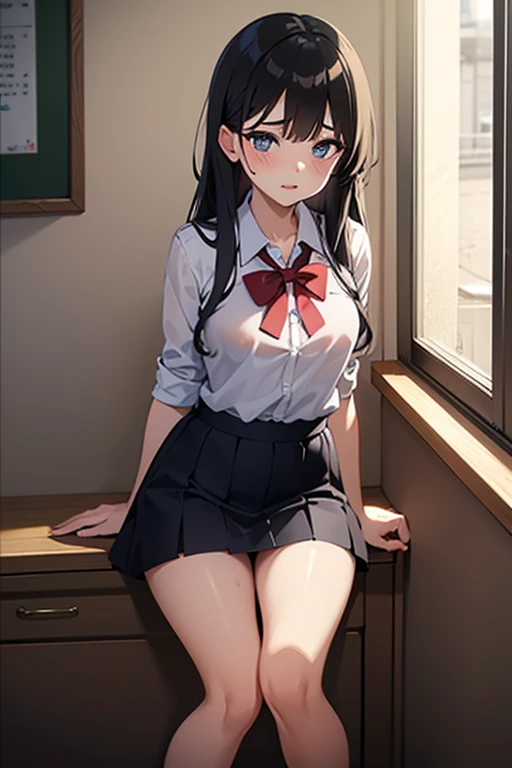 Black Hair Maid、Big Breasts、Panty shot、White Pants、Sitting with legs crossed