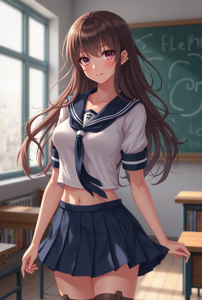 (highest quality、In 8K、32K、masterpiece、nffsw、Super high resolution、Impressionism、Photoreal:1.2)、big breasts、cowboy shot, detailed face and eyes、 inside the classroom、School、sunset、beautiful face、blurred background、16 year old beautiful girl、shiny skin、half up hair、beautiful brown hair、dull bangs、brown eyes、(closed one eye、put your index finger to your mouth:1.2)、sailor suit、pleated mini skirt、curve、(Skirt up、I can see your pants:1.2)、thighs thighs thighs、(Navel exposed:0.4)、dynamic pose