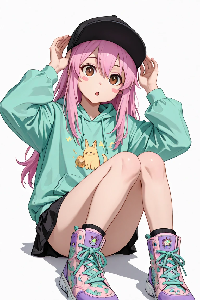 In the desert,scorching hot desert,Sunlight shines,Role playing game screen,one-girl(elementary student,baby pink hair,Long hair and waist,Pale pink eyes,With a figure,The body is a little fat,Wear a white sweatshirt,female genital,Bare lower body,Bare lower body,White over-the-knee stockings,Wear a yellow hard hat,alluring figure,Sitting helplessly on the ground,female masturbatiion,White viscous fluid flows from the female genitalia,vaginal dilation,face expressionless,vacant eyes)