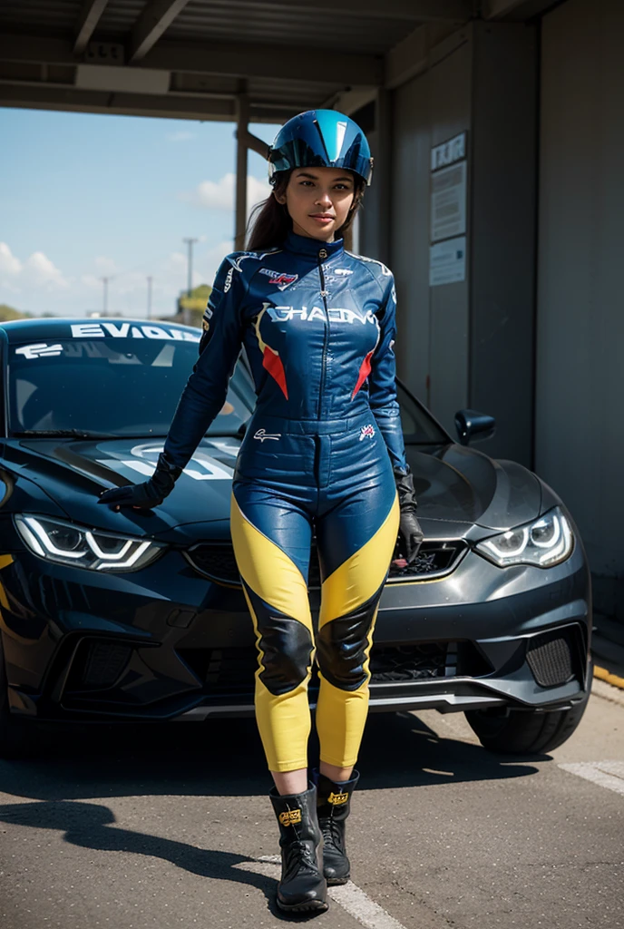 Skin-colored 19-year-old girl posing leaning on a car wearing a formula 1 driver's suit on a race track, cuerpo completo, big brown hunter eyes, the eyes are very close to each other, small and thin upper lip, small lower lip, pelo largo, cabeza en forma rectangular delgada, cejas grandes y gruesas, flaca, con nariz delgada con tabique mas grande, large cheekbones, accentuated and fine chin, large jaw, cachetes grandes, tetas enormes,