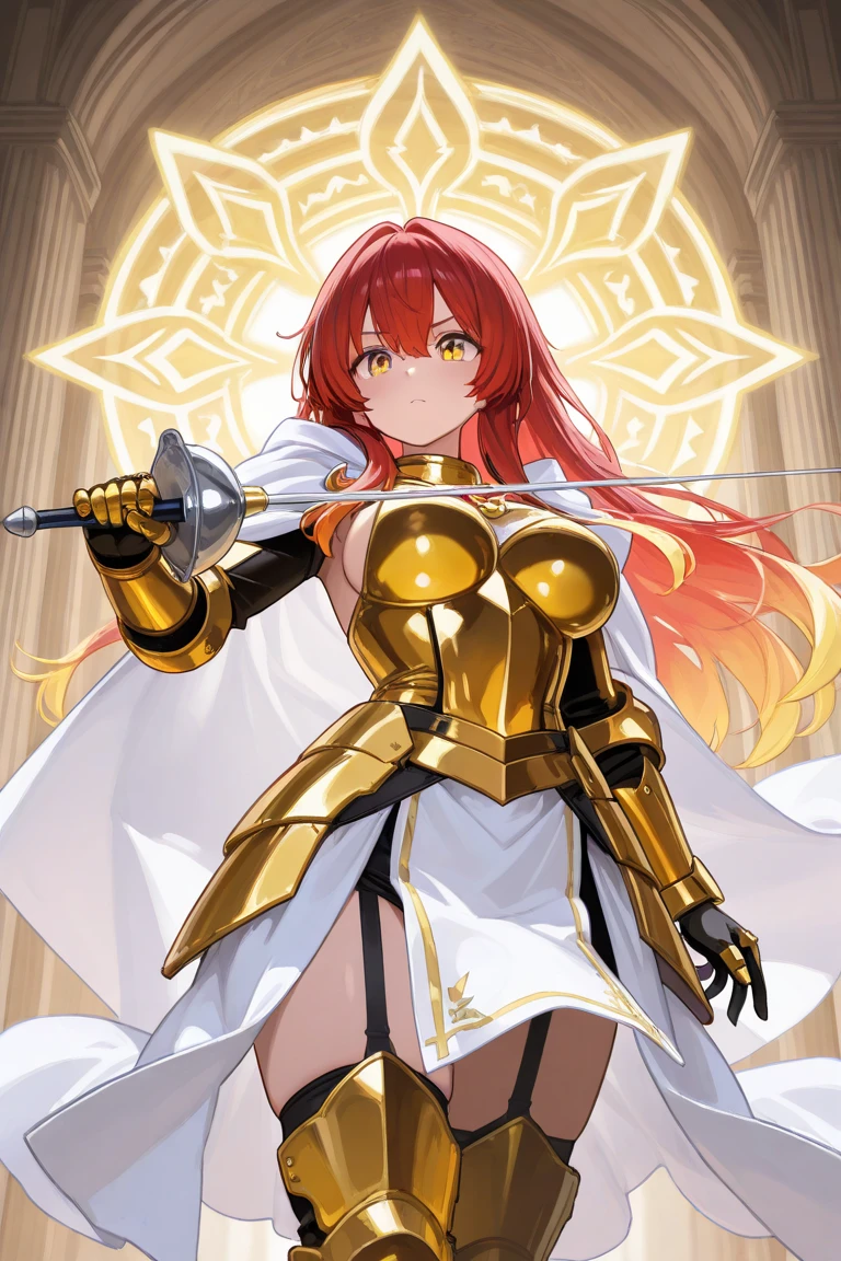 tsubaki yayoioi , blazblue, red hair, green eyes, long hair, tall female, warrior, sword, medieval, twin braids, priestess, holy, holy helmet, medium breasts, yellow cape, stylised helmet, light smile, full body, gold,european cloths, medieval , england, full body, christian, walking, solo focus, holding weapon, long skirt