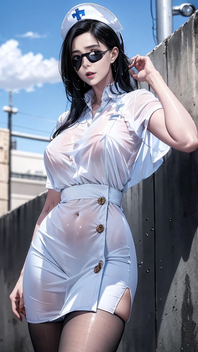 ((Best quality, 8k, Masterpiece: 1.3)), Sharp focus: 1.2, A beautiful woman with perfect body: 1.4, Slim abdomen: 1.2, ((Layered haircut, Large breasts: 1.2)), (no bra) (Small and beautiful hard nipple) (Thin and damp button up to shirt length: 1.1), (White shirt wet by rain), (Rain, Street: 1.2), Wet body: 1.1, Highly detailed face and skin texture, Detailed eyes, Double eyelid, tanned skin, sexy, tan, dark skin, tanned body, exposed shoulders, cleavage