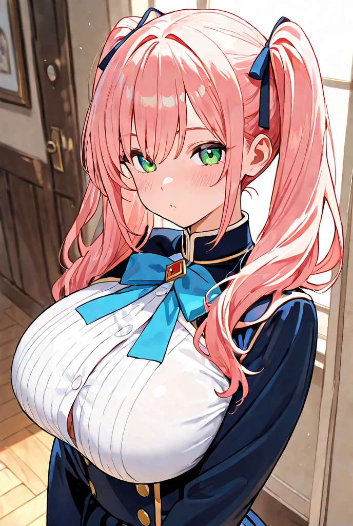 (1girl:1.3, solo), (night situation:1.5), (Masterpiece, best quality, photorealistic, highres, photography, :1.3), ultra-detailed, sharp focus, professional photo, commercial photo, (upper body:1.3, bust-up portrait), (From Below:1.2), 1girl, girl on top, (leaning forward:1.3), BREAK, mitsuri kanroji, hot model, highly detailed eyes and pupils, realistic skin, (attractive body, large breast:1.25, thin waist:1.15), thin half-up hair, delicate sexy face, sensual gaze, shiny lips, red nail, BREAK, (oil skin), (shiny skin), (black stocking:1.3, zettairyouiki:1.3), BREAK, (Private esthetic room, in beauty salon, on bed:1.1), (Many bottles of aroma oil:1.0), (many brown towels:1.2), BREAK dark room, indirect lighting, (night:1.3), BREAK, (attractive posing, kneeling on bed:1.3, arms behind back), ((realistic, super realistic, realism, realistic detail)), perfect anatomy, perfect proportion, bokeh, depth of field, hyper sharp image, (attractive emotion, seductive smile:1.2, happy:1.2, blush:1.2, :d:1.2, :p:1.2), 4fingers and thumb, perfect human hands,sweating, blushing, cleavage, braid, gradient hair, (green eyes:1.5), green hair, long hair, mole, mole under eye, multicolored hair, pink hair, twin braids, two-tone hair, belt, black skirt, cleavage, coat, demon slayer uniform, haori, japanese clothes, long sleeves, miniskirt, partially unbuttoned, pleated skirt, skirt, uniform, sexy pose, sweating,