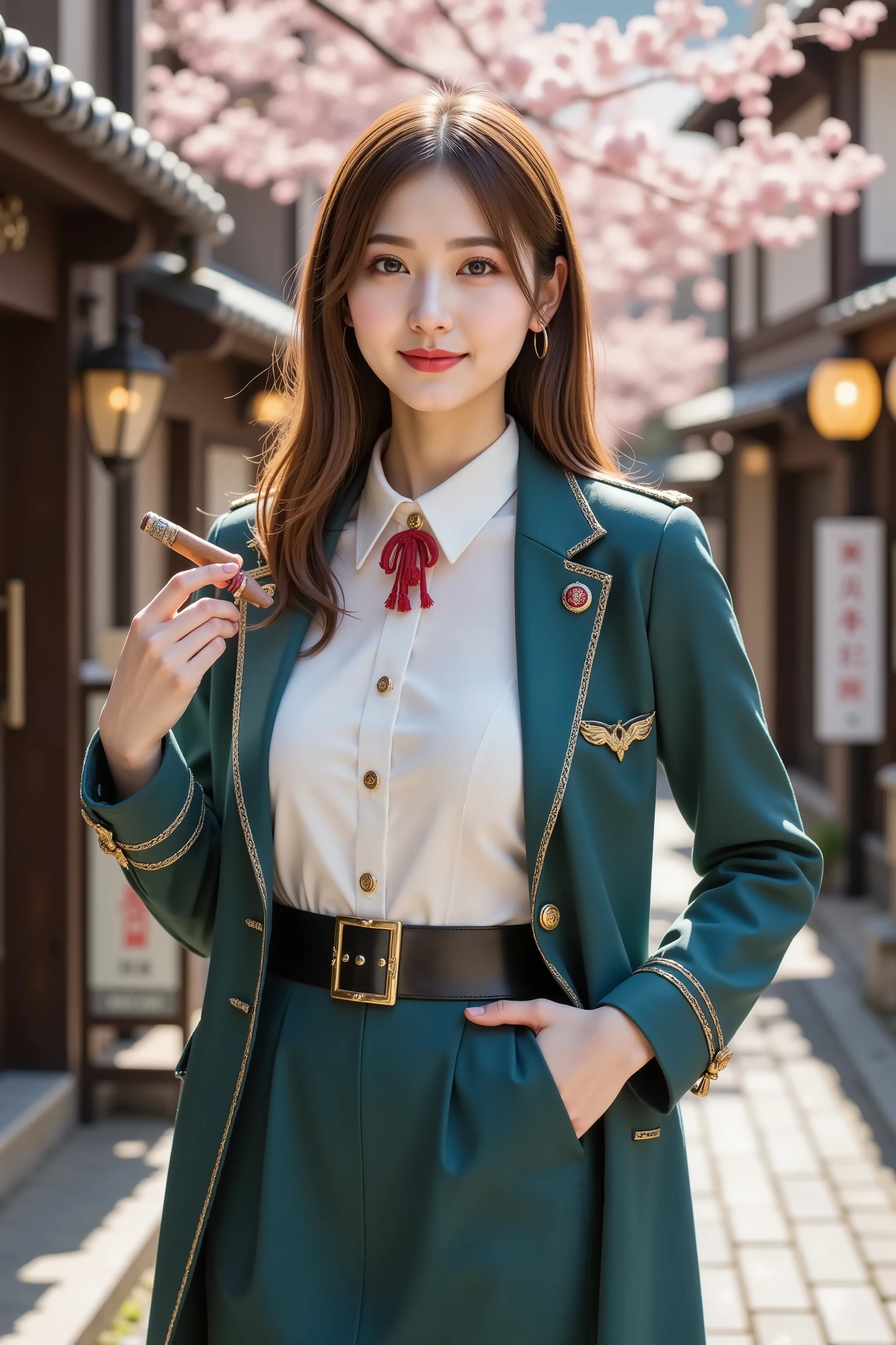 firm and big breasts, cleavage, smile, hair styled in aplatinum blonde, gold hair, medium-framed portrait shot from head to mid-thigh of a realistic adult slender woman with her full head and shoulders fully in frame, standing on a sunlit historic Japanese street lined with wooden shopfronts and ornate tiled eaves, delicate pink cherry blossom branches arching overhead and petals drifting on a gentle breeze, the cobblestone pavement reflecting warm daylight and softly blurred pedestrians and a vintage lantern shop sign in the midground, wearing a tailored teal military-style coat fully visible within frame, the coat featuring gold-trimmed lapels, polished brass buttons, embroidered epaulettes, and a decorative officer’s insignia on the sleeve, over a crisp white button-front blouse with a high mandarin collar and a red embroidered emblem at the chest, the blouse’s snug fit compresses her firm full breasts into a pronounced wide deep cleavage boldly framed by the coat’s open front panels and supported by slight forward posture, a glossy black leather belt with a square gold buckle cinches her narrow waist above a matching teal pencil skirt ending above mid-thigh, tiny brass tassel brooches pinned at the lapel catching highlights, she holds a finely crafted wooden cigar with a subtle wisp of smoke curling upward in her right hand at shoulder height, her left hand resting lightly on her hip, she smiles warmly revealing natural dimples and bright eyes, realistic natural skin tones with visible microtexture and a soft dewy sheen on her collarbones and décolletage, hair styled in loose natural waves cascading over her shoulders with individual strands catching rim light, minimal natural makeup with matte base, soft peach blush on cheeks and eyelids, neutral pink lip tint, individually defined eyelashes and neatly groomed brows, small gold hoop earrings reflecting ambient light, camera at eye level using an 85mm lens at f/2.0 aperture for shallow depth of field rendering t