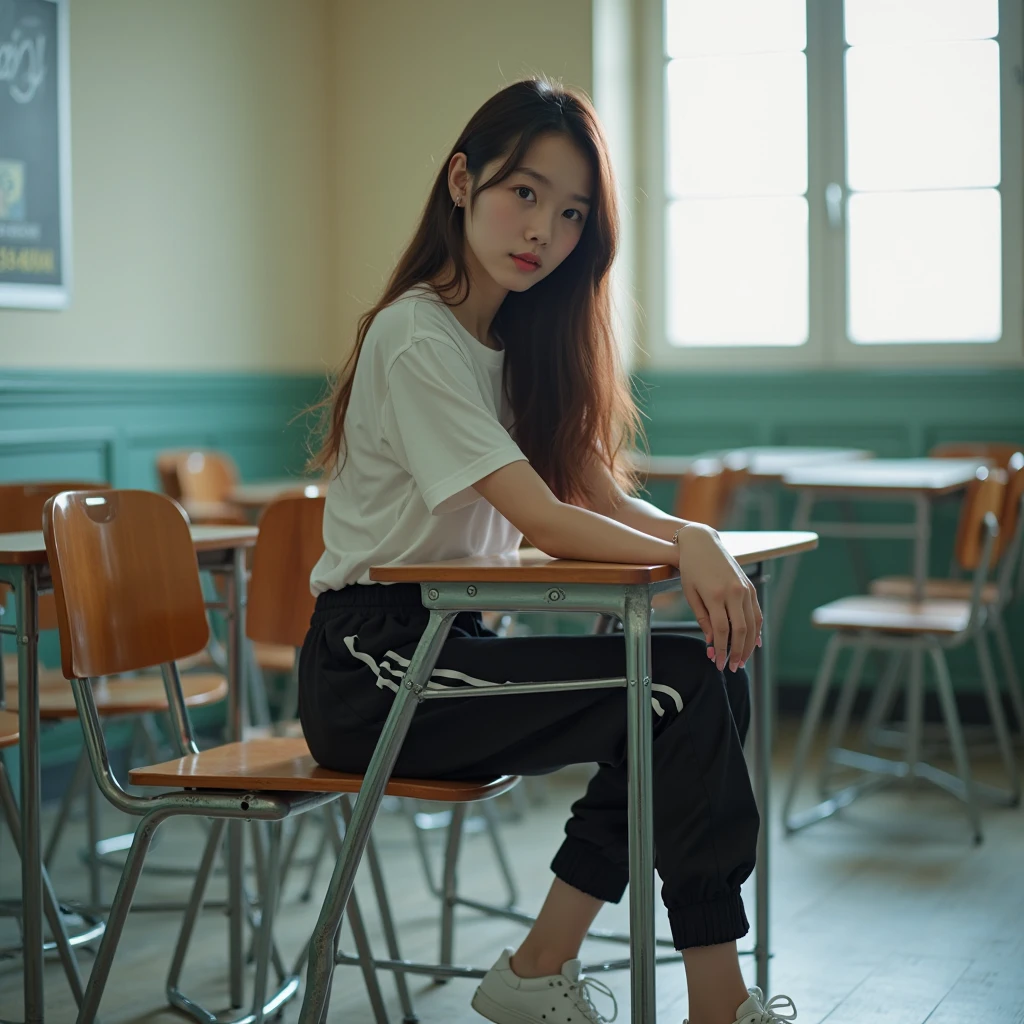 A young and beautiful woman、(((I can&#39;t hold my urine:1.7)))、(Anguished expression)、(Legs wide open)、(Wearing Sailor uniform　uniform)、(In the school classroom)、Detailed eyes and lips、Long eyelashes、Restless posture、Flowing Hair、Stylish clothes、Tense lighting、Realistic portraits、Bright colors、High resolution、Professional photos、Classic beauty、Modern style、Urgent tone, ｍynatalee woman、huge breasts