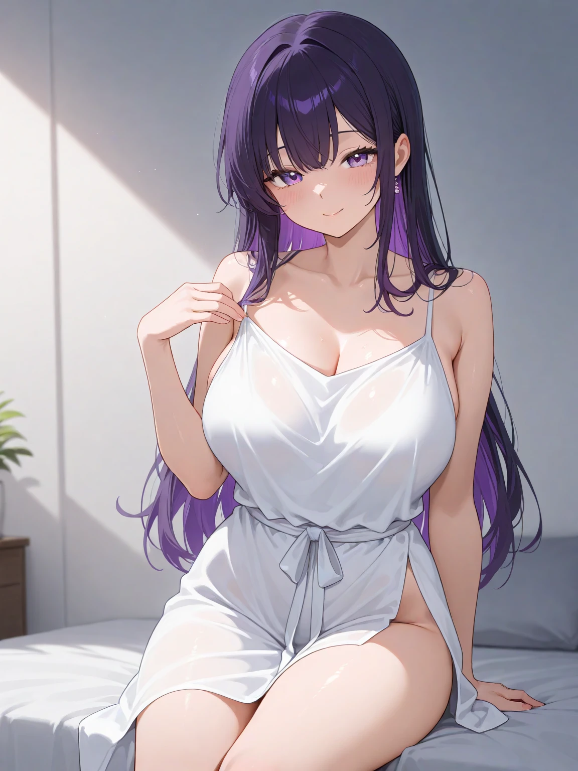 Masterpiece, Solo, Slender face, Long eyelashes, elongated, (Straight hair : 1.3), (violet eye: 1.3), (Purple hair White mesh: 1.2), Large cleavage, Slim, Angled from the side, (Hyponytail: 1.3), Wearing a big white T-shirt, Full body, Light blue lace light lingerie, Embarrassing, Apartment, Nipples, Roll up shirt to chest