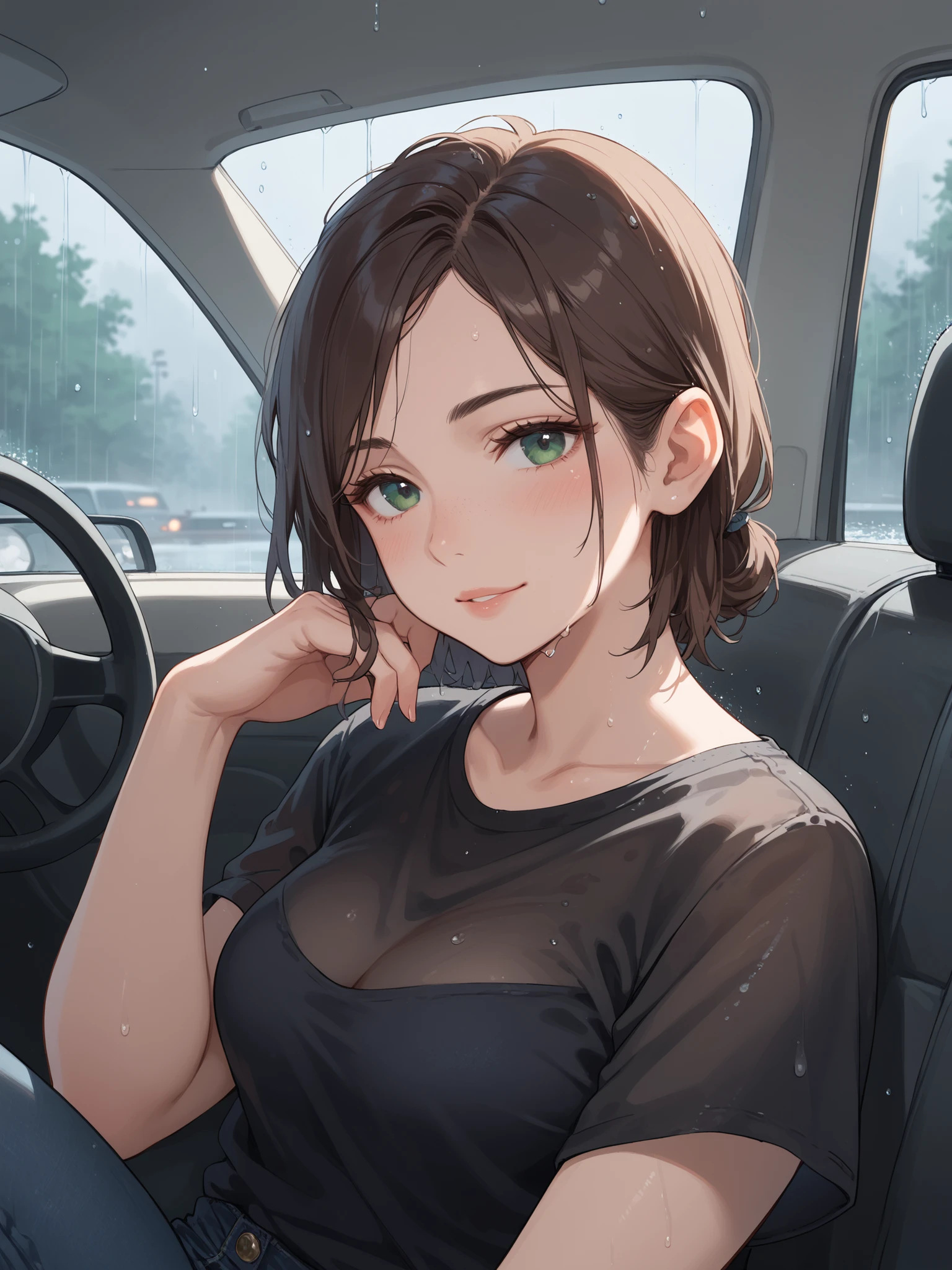 sexy woman sitting inside a car, black shirt, black jeans, so sexy, raining outside, foggy windows, looking at us, seductive smile, upper body shot, lips parted