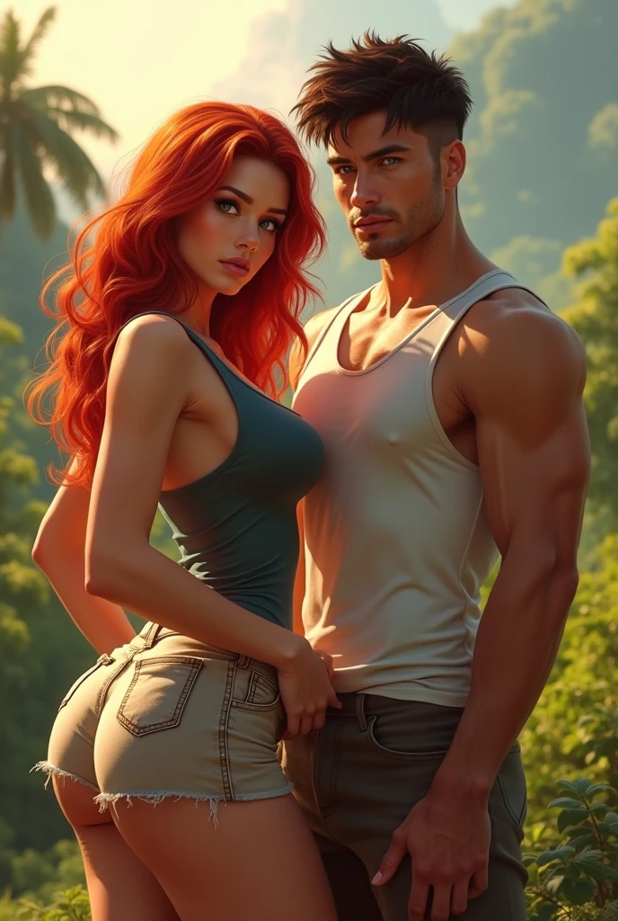 White bald man with beard 85 kg 1,70 nude with red hair woman 1,63 big breasts white skin naked