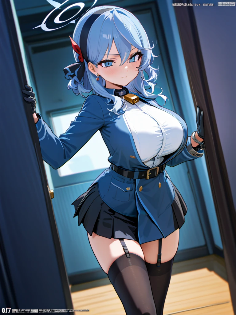 ((Biologically correct limb count))、(( From head to toe、Full-body photo including face))、4K、((Standing position))、masterpiece、((Focus on the face))、((Symmetrical facial features))、Eyes with detailed description、Beautiful woman、Great style、Beautiful arms、Beautiful legs、Beautiful Hands、(Small Ass、Thin thighs)、Facial detailing、Small earrings、necklace、(Blue latex uniform、skirt、corset、((High heels、Black garter stockings)))、Face close-up、Embarrassed face、Silver Hair、((Alluring))、Panty shot、Overflowing breasts、ベレー帽