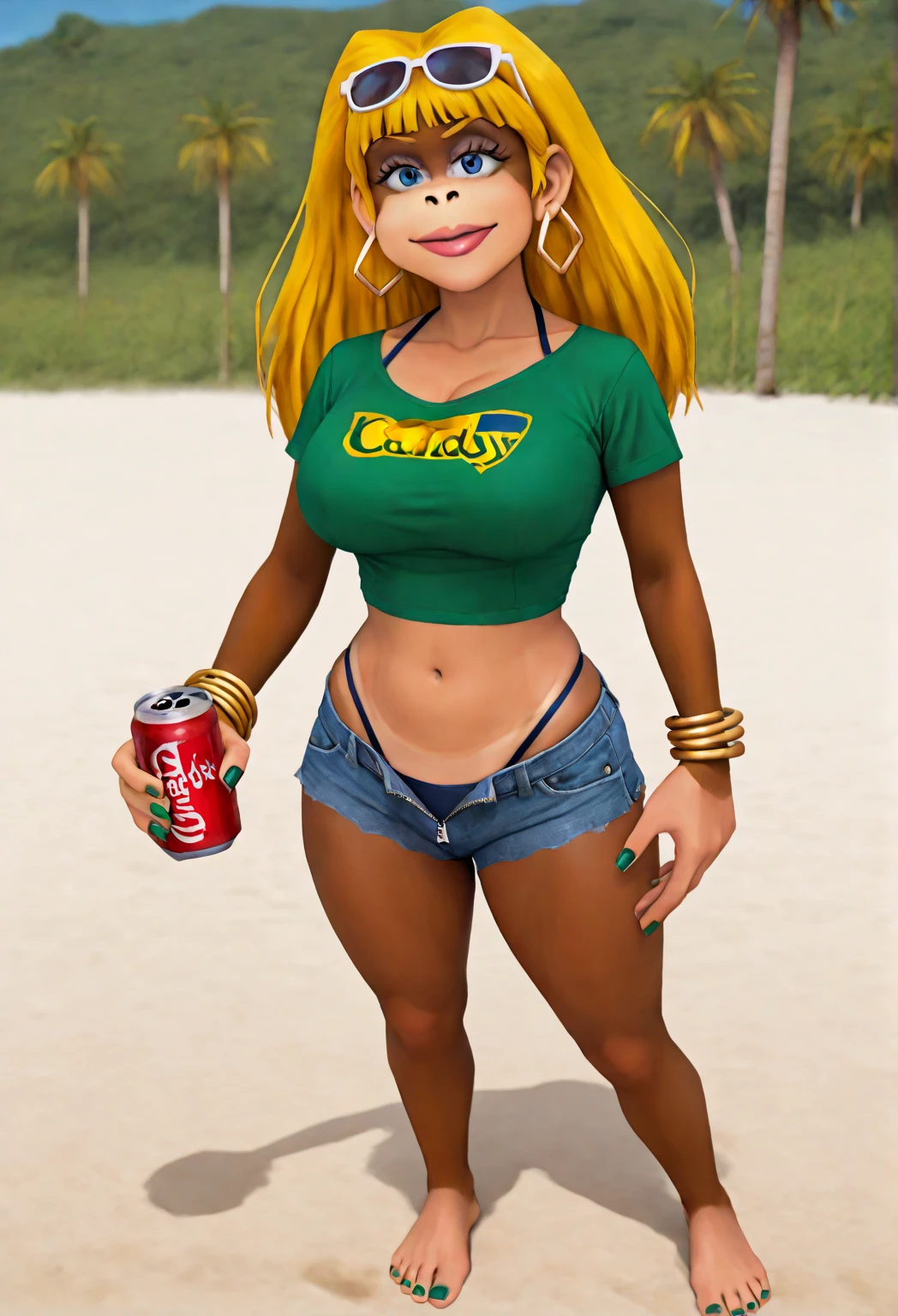 Donkey Kong 64 anime art style, HD, high quality, detailed image. Candy Kong, female Kong, furry, humanoid, with tan skin and reddish brown fur, blue eyes and blonde hair. She has gold hoop earrings, gold bracelets on both wrists and wears green nail polish. She has sunglasses on top of her head. 1 Monkey girl, body with very pronounced curves, large breasts, wide hips and thick thighs. She wears a yellow Brazilian national team t-shirt, very short and tight dark blue denim shorts with the zipper open, showing the bikini strap at the waist and bare feet. Sensual face, smiling slightly. Character standing, looking at the viewer and holding a can of soda in one hand. Wide shot. Beach background.