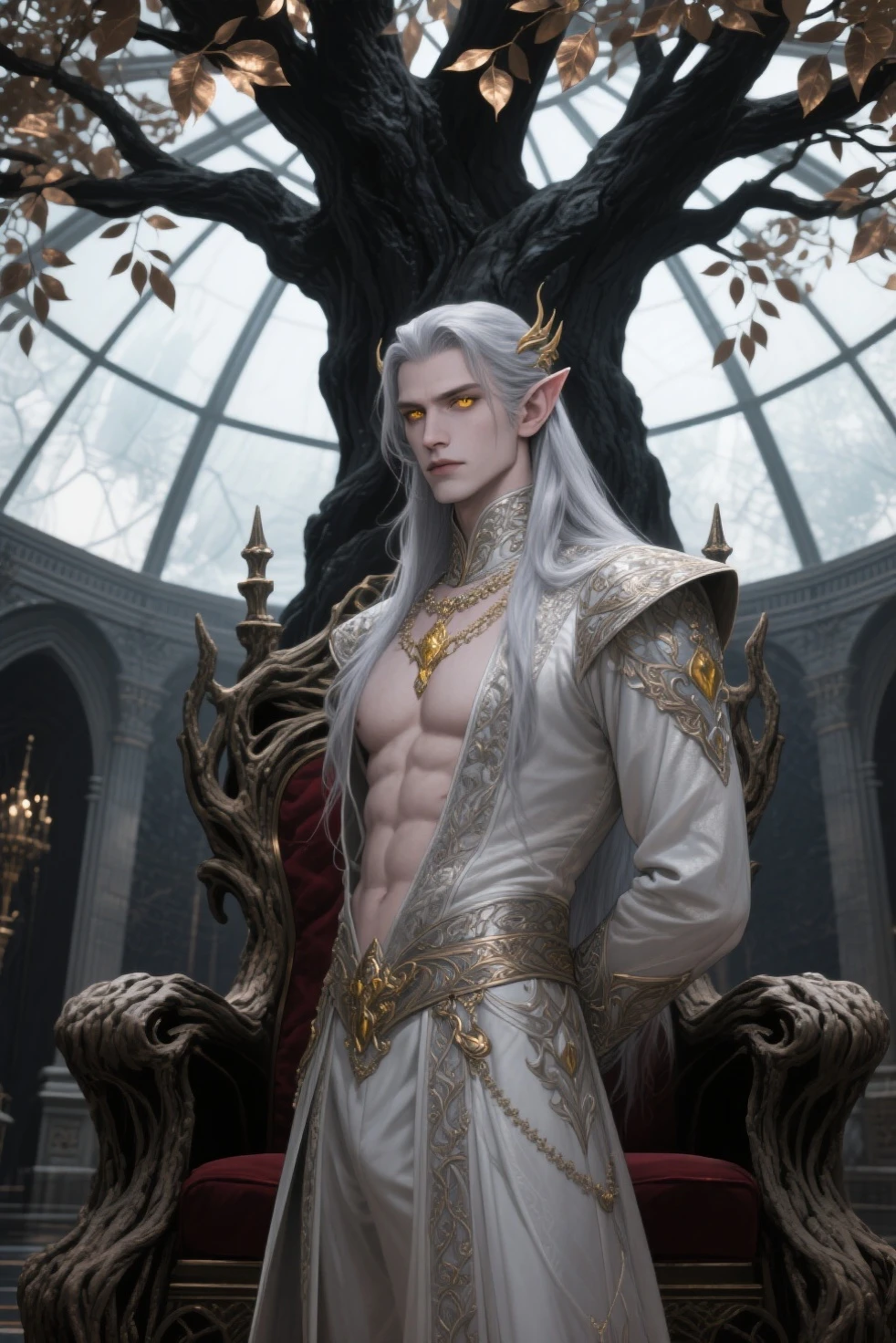 Elfo masculino, cabelos longos, angelic features, pale skin, olhos azuis, crown on head, sentado num trono.