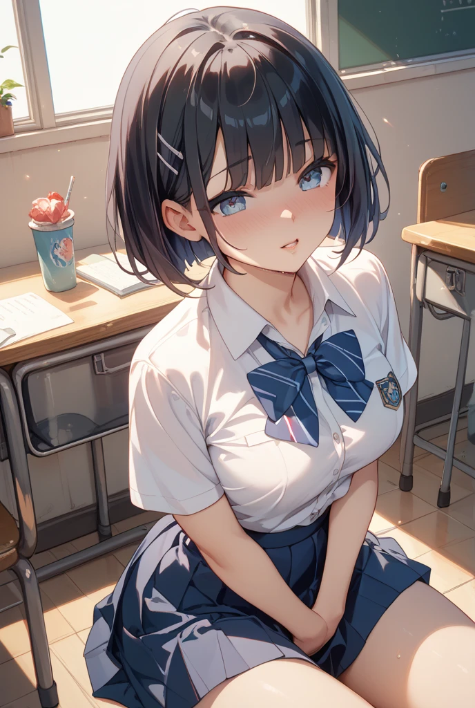 NSFW、Toned body、Big Breasts、(tall、daddy longlegs、175cm)、(quality))、((masterpiece))、(これはclassroomでセーラー服を着たセクシーな女子高生のクローズアップショットです:1.4)、(solo:1.4)、(One girl:1.4)、(Very short black hair:1.3)、(Light blue eyes:1.2)、(Short sleeve white sailor uniform:1.3)、(Dark blue micro mini skirt dark blue:1.2)、(White string panties:1.2)、(belly button:1.1)、(Navy collar、Yellow tie)、Dark blue micro mini skirt dark blue、Recommended results、Plump nipples、(Transparency:1.5)、Stand up straight、Abdominal muscles、Huge bust、Angle to floor:1.2、Low camera angle、School、classroom