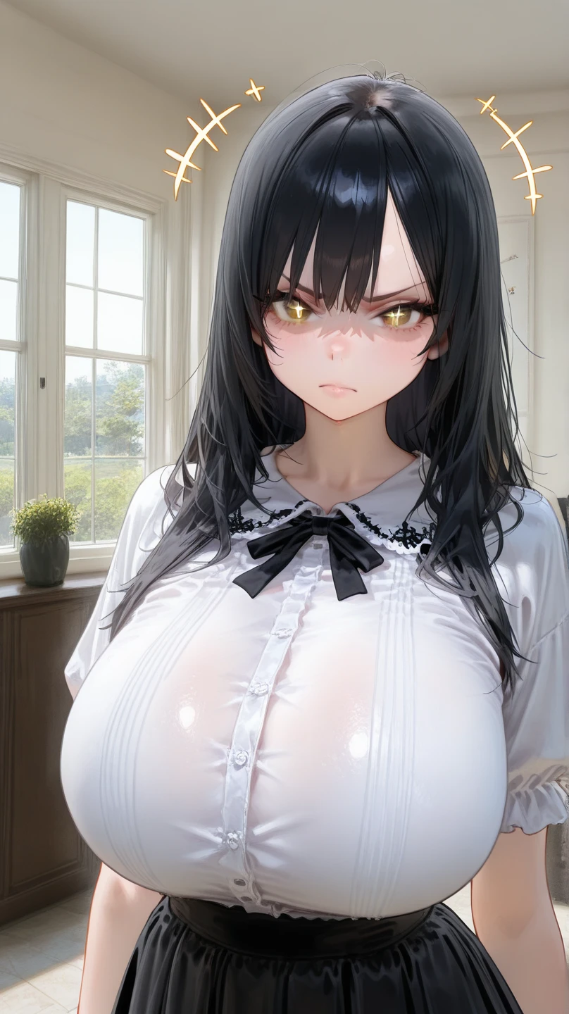 (Masterpiece, 8k, Best Quality, Highly detailed, depth of field:1.4), 1girl, yellow eyes, heterochromia, red eyes, rating: sensitive, , black hair, twintails, hair over right eye