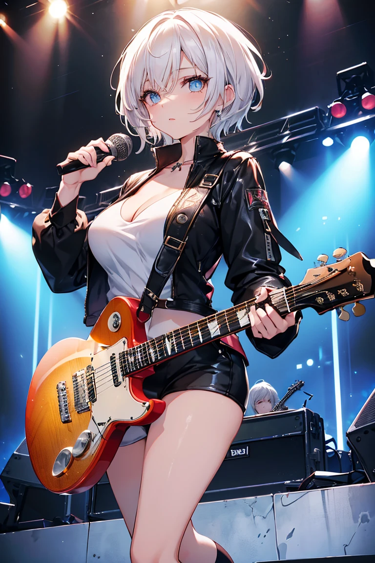 masterpiece、top-quality、hight resolution、High-quality images、8K.1femele、独奏、skin gloss、Texture of skin and clothing、the detail、Detailed eye expression、Lustrous hair、Platinum Blonde Shorthair、portlate、rock band、guitarrist、Superstar、spot light、Red and black leather stage costume、Hot