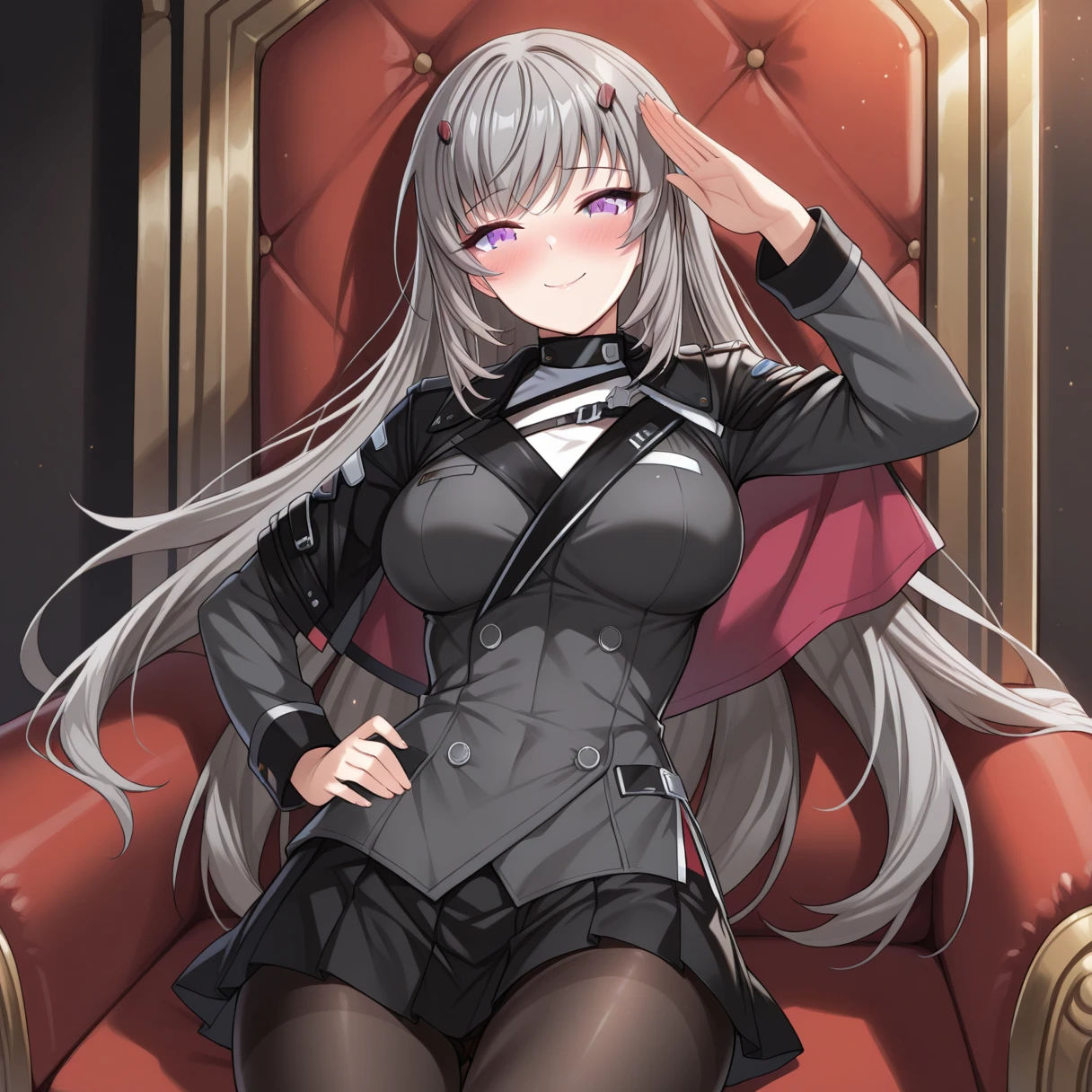 ((masterpiece, best quality,very detailed)),1girl,(sitting on bed,crossed legs,kneehigh),medium breasts, indoors,bangs, scharnhorst, stocking body suit,bodysuit, covered_navel, epaulettes,black gloves,jacket, long_hair, looking_at_viewer, open_clothes, red_eyes, skin_tight,very_long_hair, wavy_hair ,earrings,white_hair,<lora:scharnhorstmix:0.7>