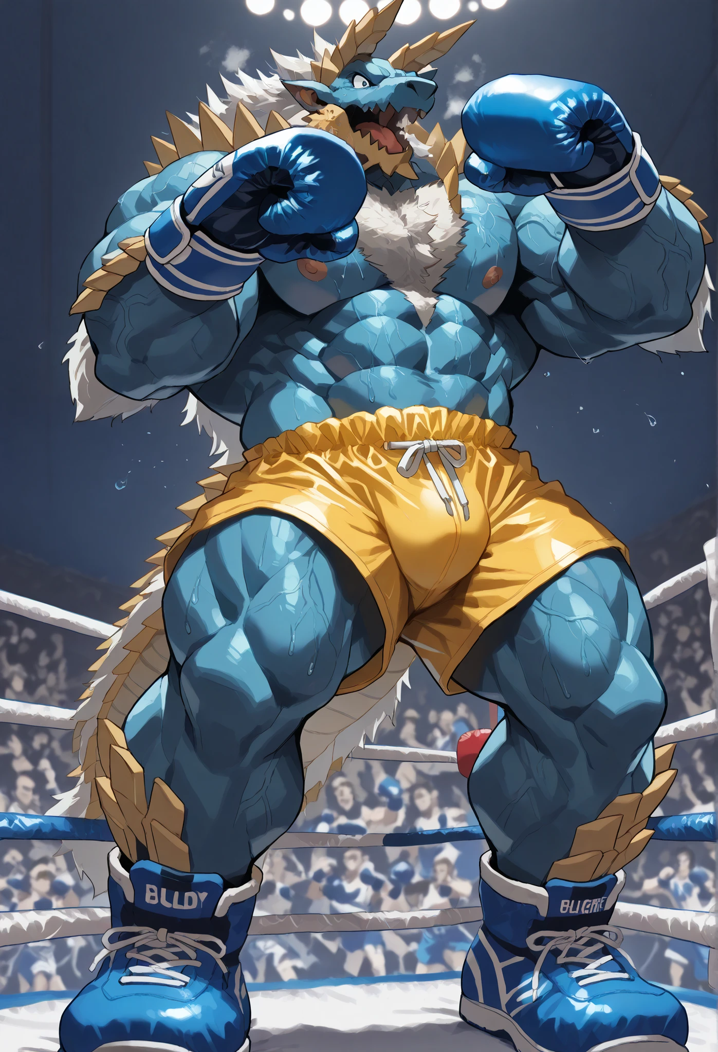 4K, masterpiece quality, pov_boxing, wildly Looking down on the losers, blue boxing shoes, blue boxing gloves, yellow boxing shorts with gold embrems, bulge, full body, depth of field, boxing, wildly posing with his chest out, fist pump pose with arms rising high, boxing ring background at midnight, Zinogre heavywait boxing champion, gay, furry male, pubes, white public hair, bulging heavy muscular, powerful muscles with protruding veins, wildly looking down on loser, bold expression, roaring triumphantly, bravely eyes, large pectorals, sweaty body, Angle of the loser looking up from directly below, steam, wearing blue boxing gloves,