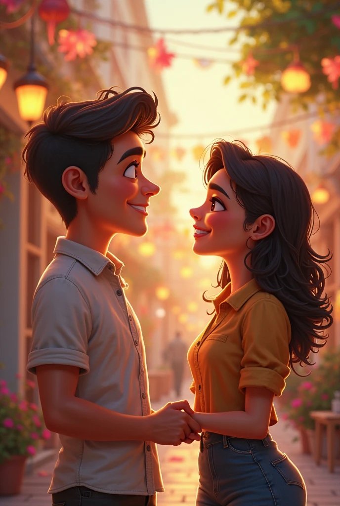 Animated couple of boyfriends, the cinnamon-skinned woman , long black curly hair with bangs, little big brown eyes, small nose, small mouth, and the light-skinned man, straight brown hair, small eyes, smiling mouth and slightly large nose