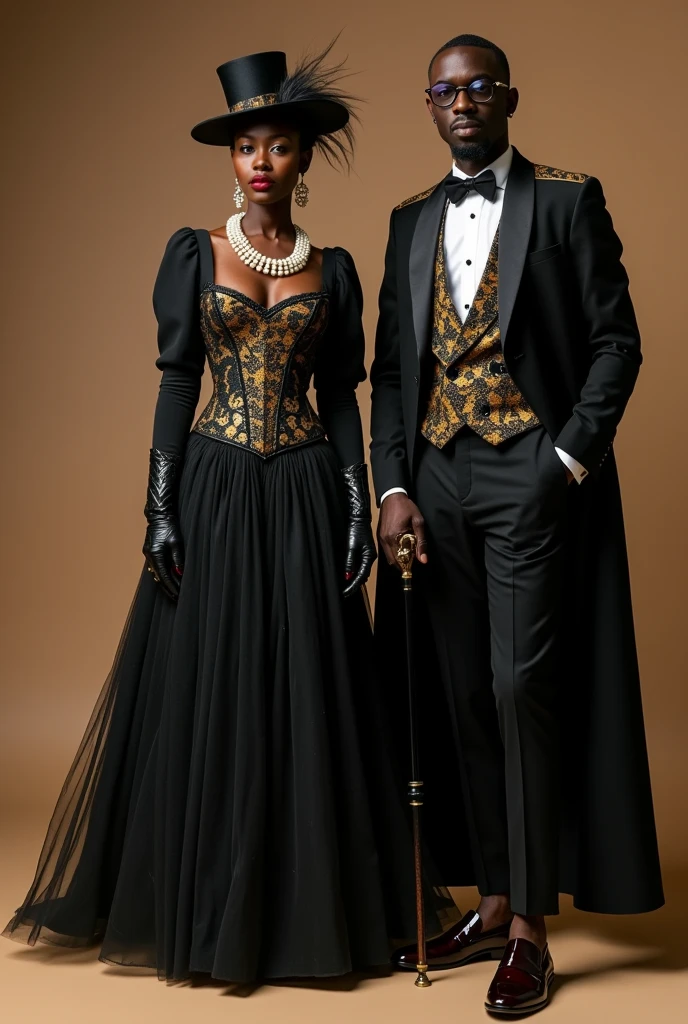 they are dressed in formal attire and posing for a photo, both usando roupas vitorianas, vestido com roupas caras, aristocratic clothing, wearing 1890s era clothes, usando roupas vitorianas, um casal elegante, darkpowerful elegante, em vestes escuras com detalhes dourados, Roupas vitorianas, usando roupas extravagantes, por Dan Frazier, vestindo roupas formais de fantasia