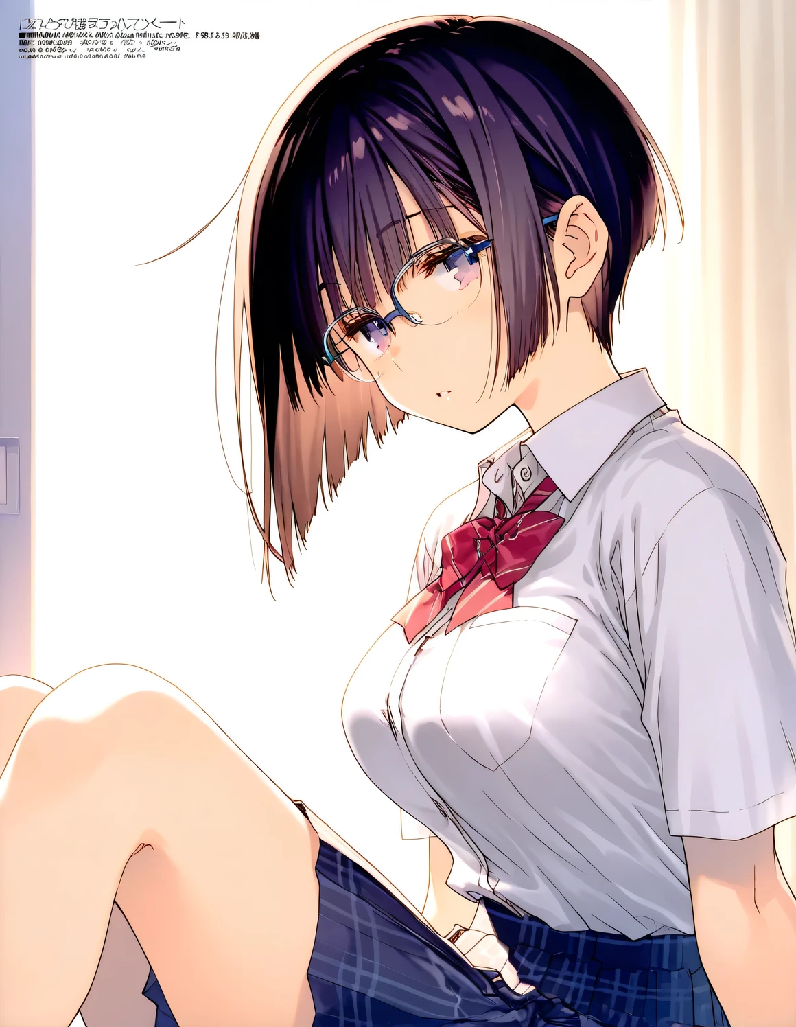 1girl, little female, cute, kawaii, very short hair, bob cut,school uniform, glasses, beautiful breasts, sleepy, sitting, realistic, (artist:mitsumi_misato),artist:harada_takehito,artist:amazuyu_tatsuki, official art, best quality, masterpiece, absurdres, highres, ultra-detailed, very aesthetic illustration, photoshop\(medium\),cinematic lighting,