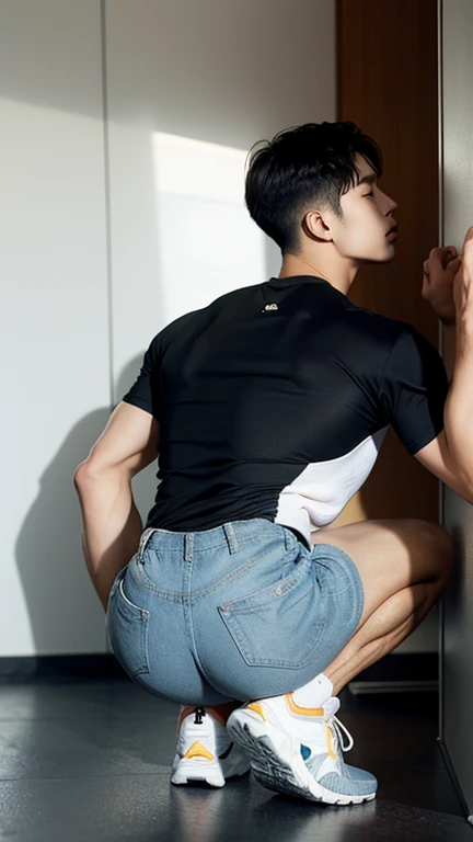 (8K、top-quality、masterpiece:1.2)、(realisitic、Photorealsitic:1.37)、ultra-detailliert、High resolution、1boy, White skin, ((tee-back pants)) ,((white tight T-shirt)), Wild, ass focus , big buttock , big fat ass , nsfw , erotic