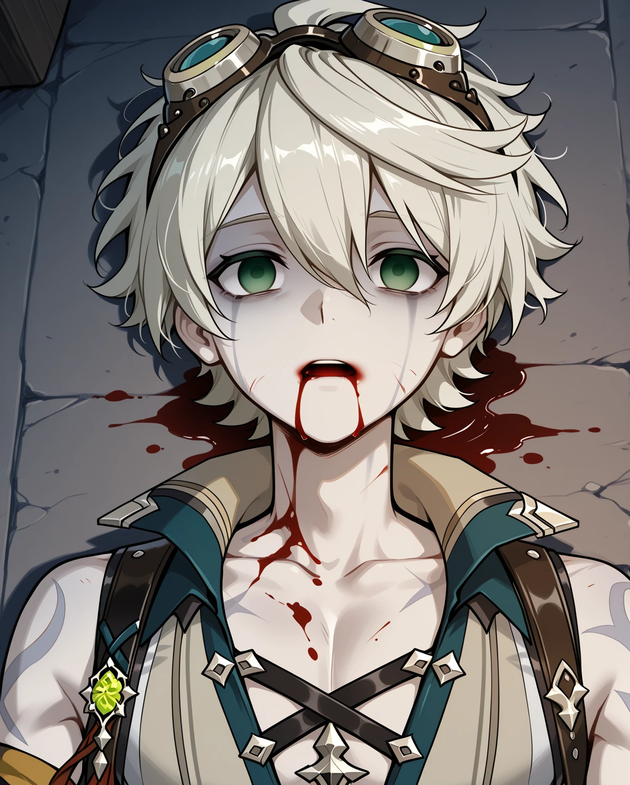 small Greek boy with long white hair, violet eyes, chained to his arms and neck with torn and dirty clothes, having his face touched by a woman's hand