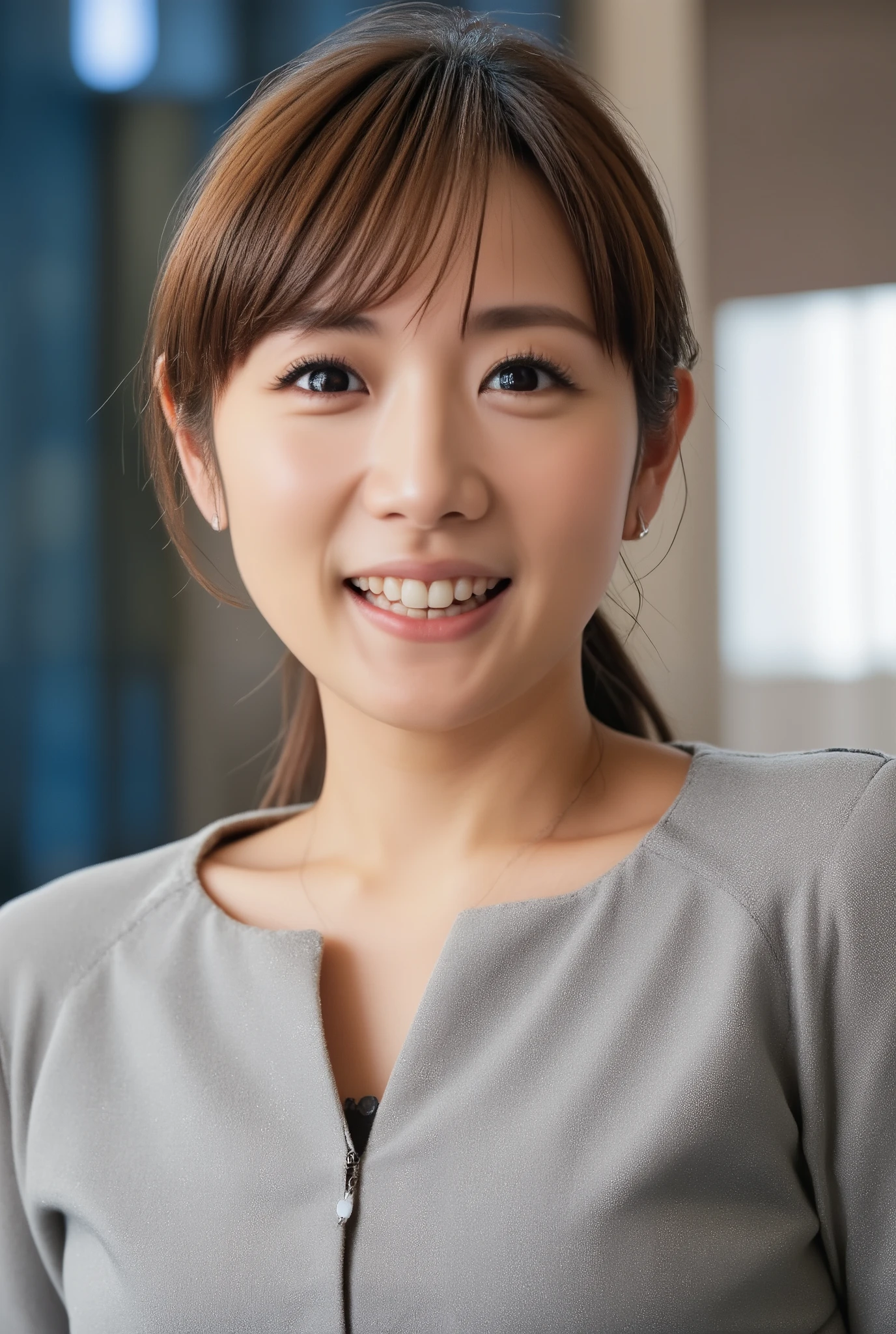 Neat Young Woman、and look at the camera、ear piercing、necklace、office lady suit、jacket、shirt、smile showing teeth、and look at the camera、 pale brown hair、upper body、Background is in a room、