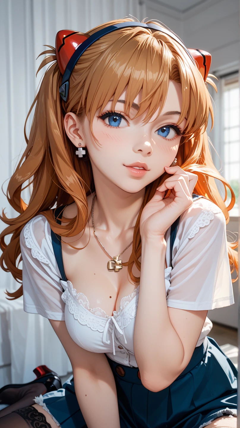  1 woman, (((((UHD))))), (((((masterpiece))))), ((((super detail)))), high details, ((((high quality)))), ((((best quality)))), (((highres))), ((((16k)))), outside daytime, ((Shadows)), red hair, hair over shoulder, side swept bangs, (casual jacket), heart-shaped pupils, one eye closed, sparkling eyes, big beautiful light blue eyes, crystal earrings, grin, bright pupils, (evil smile), red lips, light blush, cheek-to-cheek, sparkle, god rays, backlighting, reflection light, bloom, dutch angle, perspective, from above, ((defined jawline))