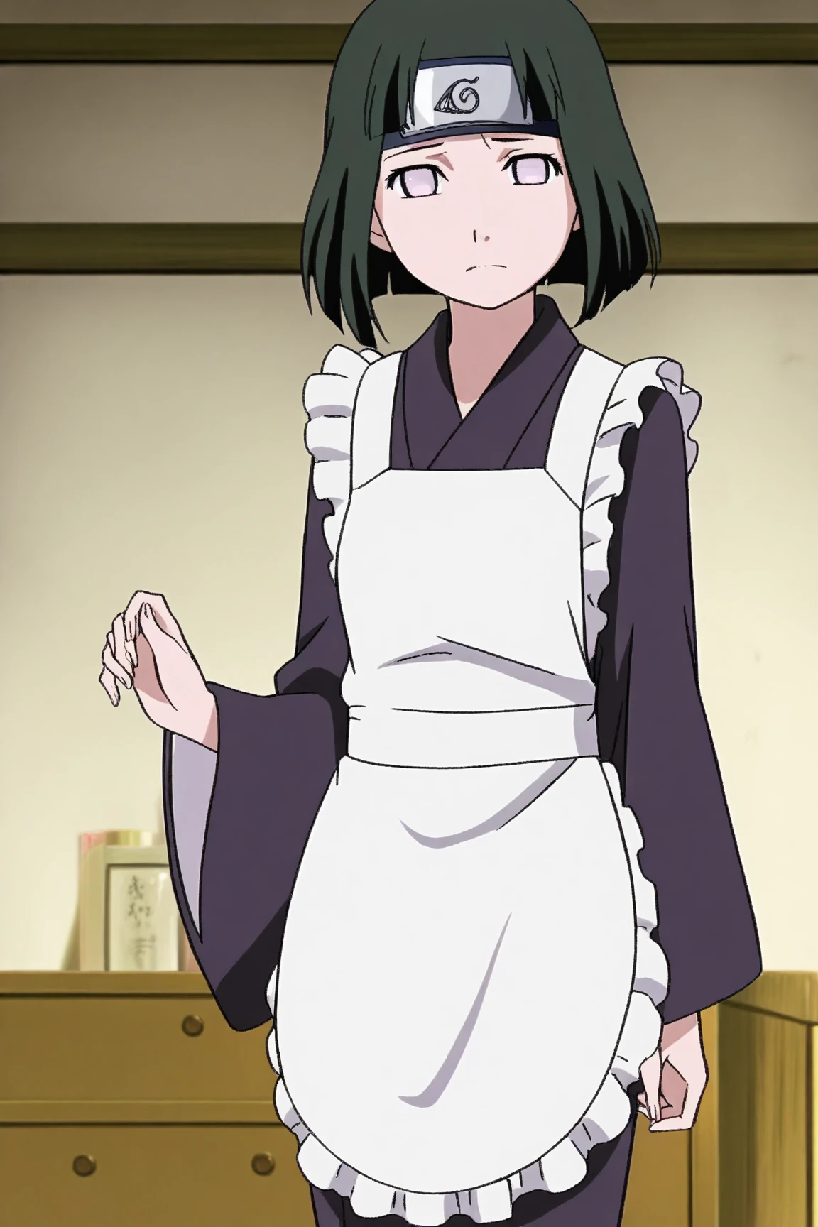 ((masterpiece)), (highest quality), 1 girl, black hair, medium hair, orange eyes, big breasts, olive green t-shirt, long sleeve, apron, brown straight skirt, from below, look down, put your hand on your waist, open your mouth, blush, skirt lift, panties
